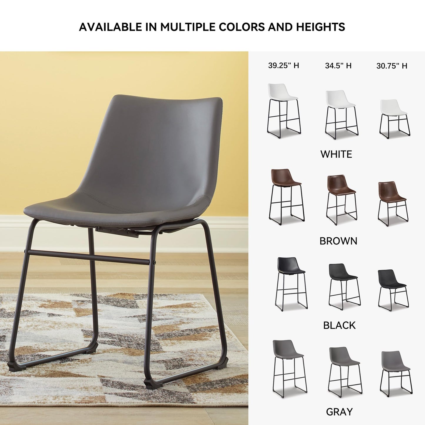 Signature Design by Ashley Centiar Casual Bucket Seat Dining Upholstered Side Chair with Black Metal Base, Set of 2, Faux Leather, 18.75" Seat Height, Gray