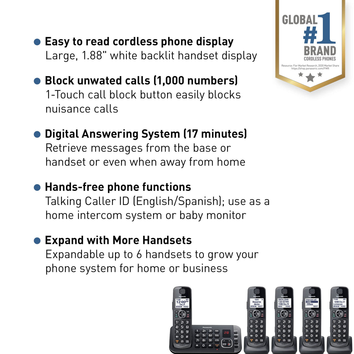 Panasonic DECT 6.0 Expandable System, Cordless Phones With Answering Machine and Call Blocking - 5 Cordless Phones 5 Handsets - KX-TGE645M (Metallic Black)