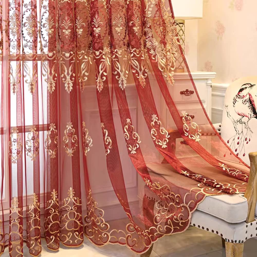 Amidoudou 1 Pair European Jacquard Sheer Curtains for Living Room Bedroom Luxury Embroidered Tulle Curtains (Red,52x90 Inch)