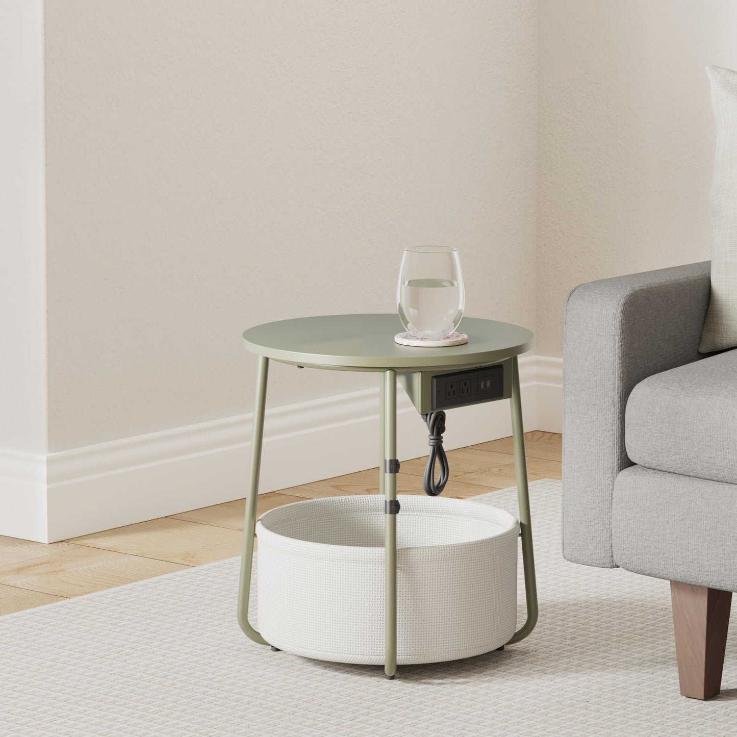 VASAGLE LILEA Collection - Side Table with Charging Station, Round End Table with Fabric Basket, Nightstand with USB Ports, for Living Room, Bedroom, Modern, Forest Green and Cream White ULET228C04