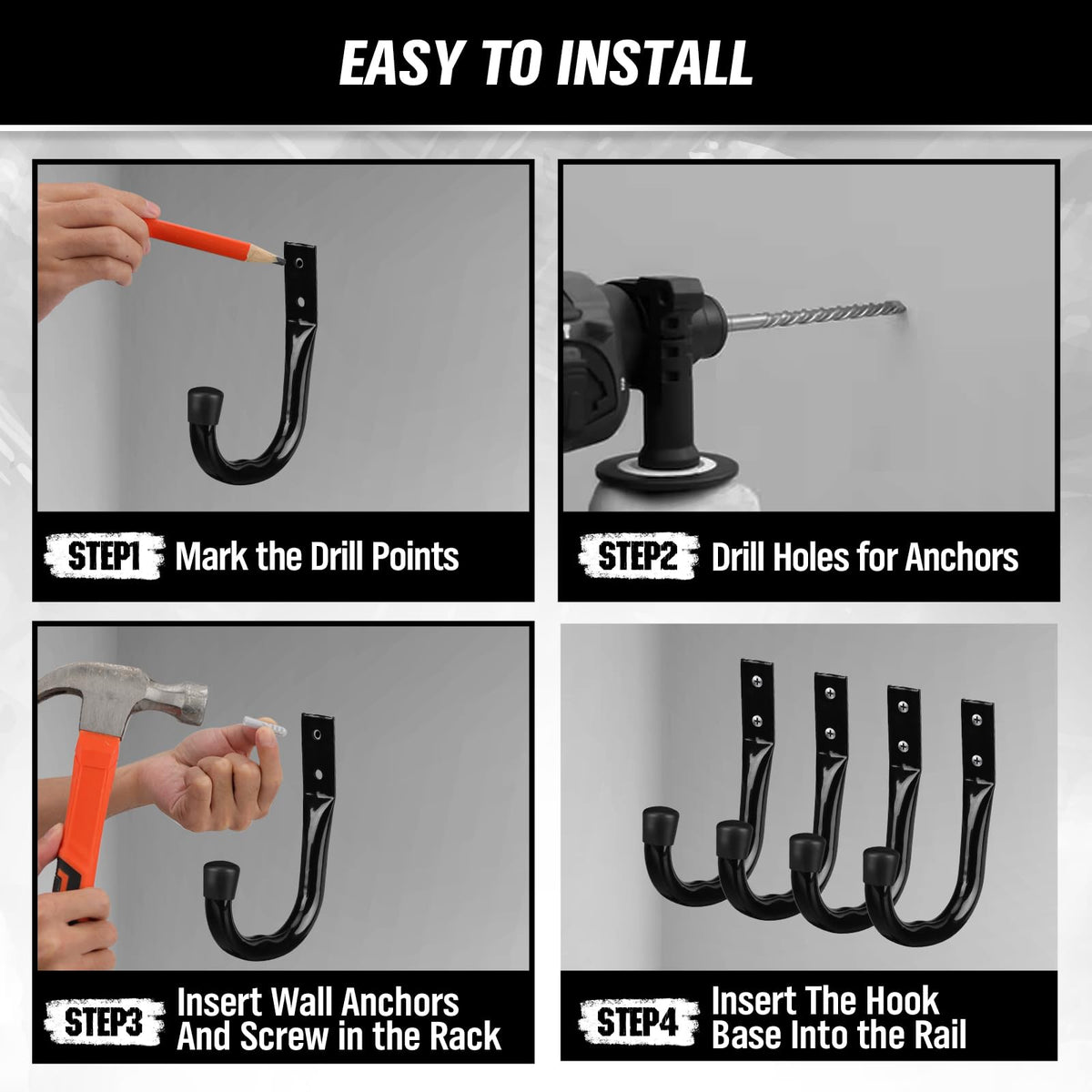 Heavy Duty Garage Storage Hooks, 12-piece Bike Hooks for Garage Wall, Utility Garage Hooks, Wall Mount J Hook for Hanging, Large Metal Storage Organizer Tool, Extension Cord Hanger