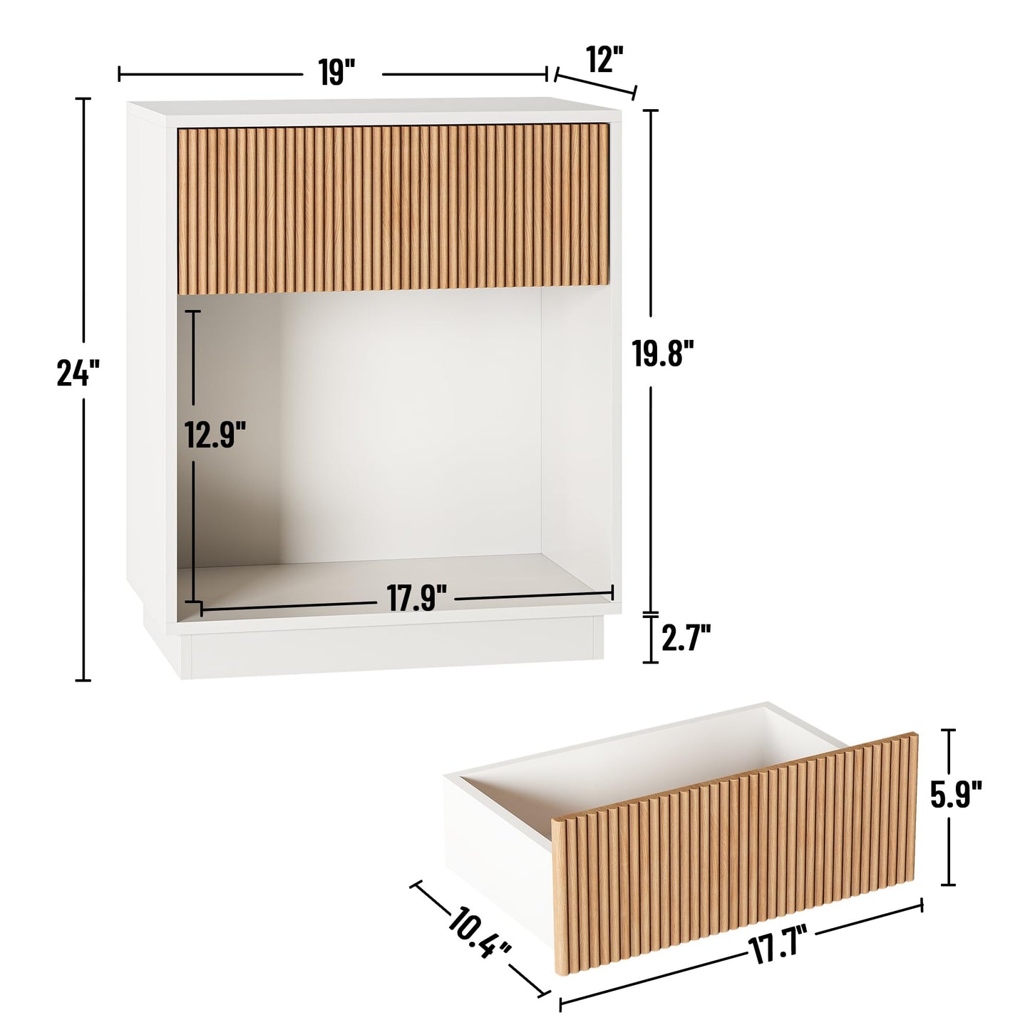 Fluted Nightstands Set of 2, Modern Bedside Table with Storage Drawer and Open Wood Shelf, Wood End Table Mid Century Night Stands for Bedroom Living Room Sofa Couch Office White & Oak