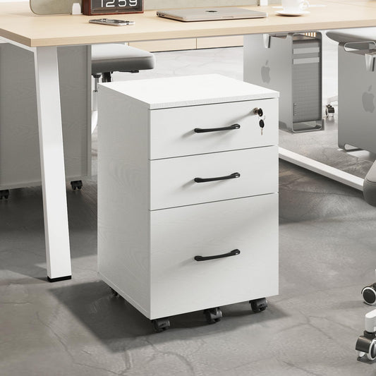 ALBSL File Cabinet With Lock, 3 Drawer Wood Rolling Filing Under Desk for Home Office, Storage Fits Letter/A4 Size, Mobile Printer Stand, White