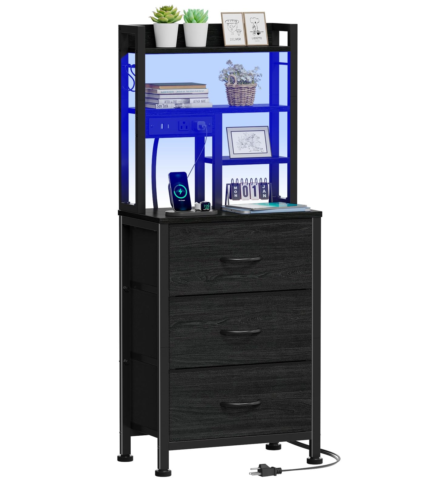Furnulem Tall Night Stand with 3 Fabric Drawers and LED Lights, Nightstand with Bookshelf, 45.3inch Tall Bedside Tables with USB Ports in Bedroom, Dorm, Office,Metal Frame, Wood Shelves (Black Oak)