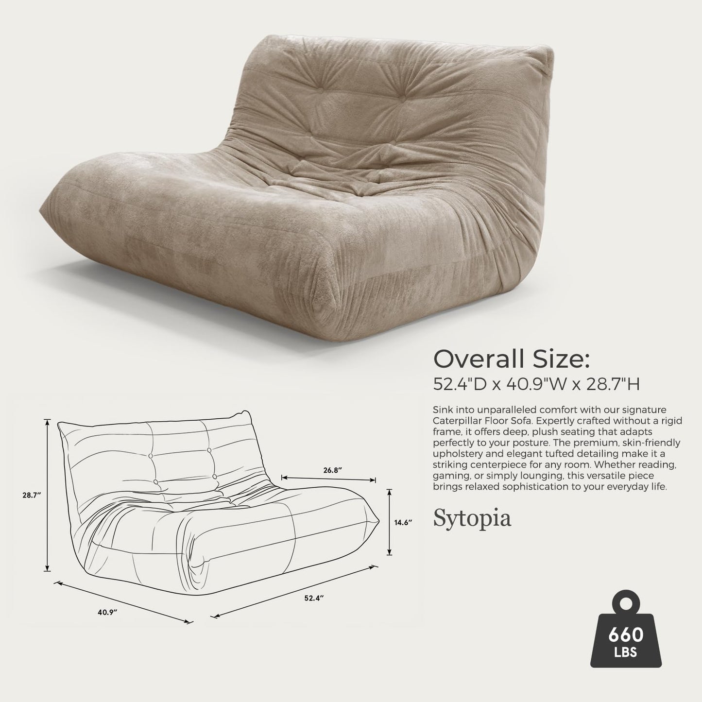 Sytopia Loveseat Chenille Bean Bag Chair for Adults, Oversized 35D Memory Foam Floor Sofa, Giant Deep Seat Gaming Reading Nook, No Assembly Required, Cashmere Beige