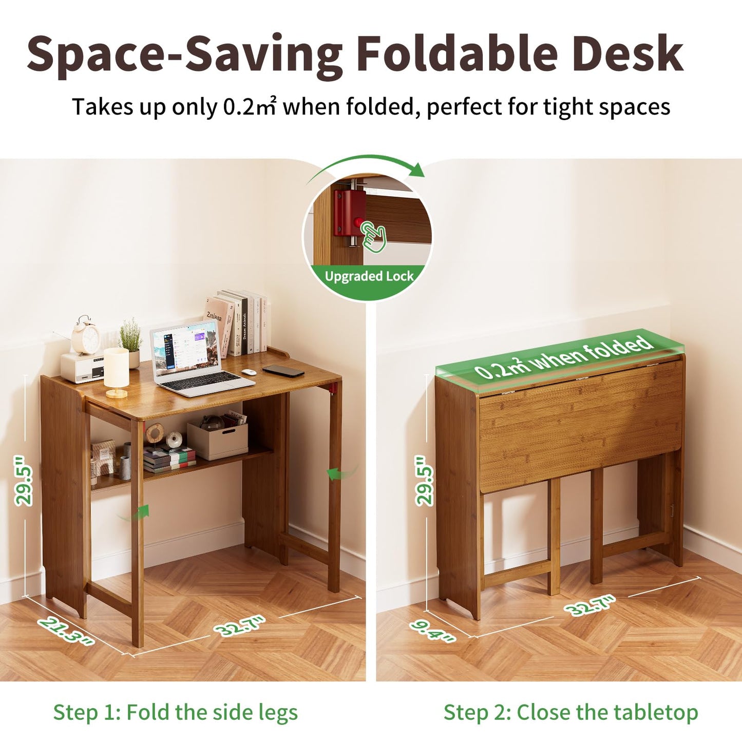 Dezyfurni Bamboo Foldable Desk, Folding Desks for Small Spaces, Mid Century Small Computer Desk with Bookshelf for Bedroom Home Office, Brown