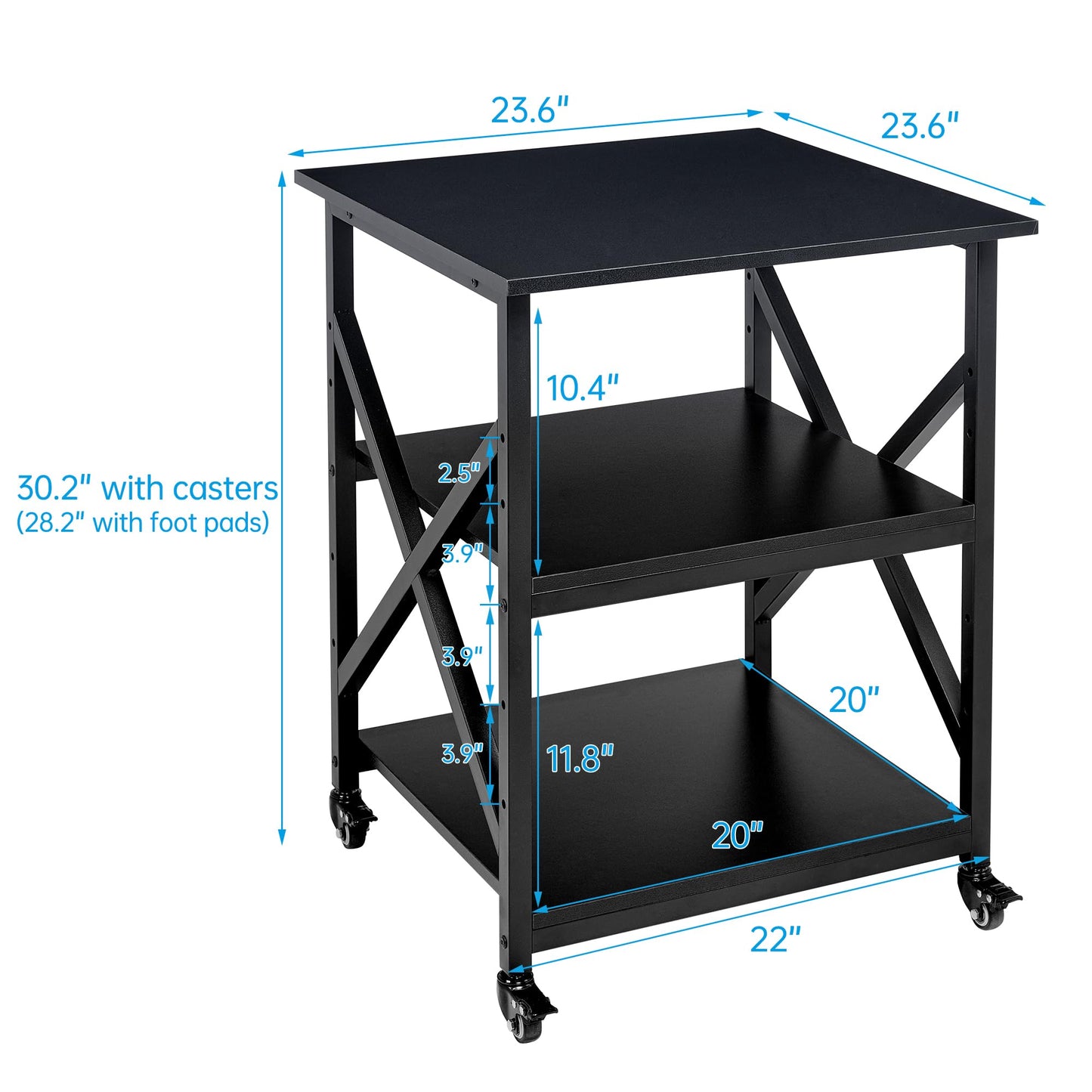 Fannova Printer Stand, 23.6 x 23.6 x 30.1 Inches Large Square Printer Table with Height Adjustable Storage Shelf, 3 Tier Rolling Printer Cart with Industrial Wheels for Home Office - Black
