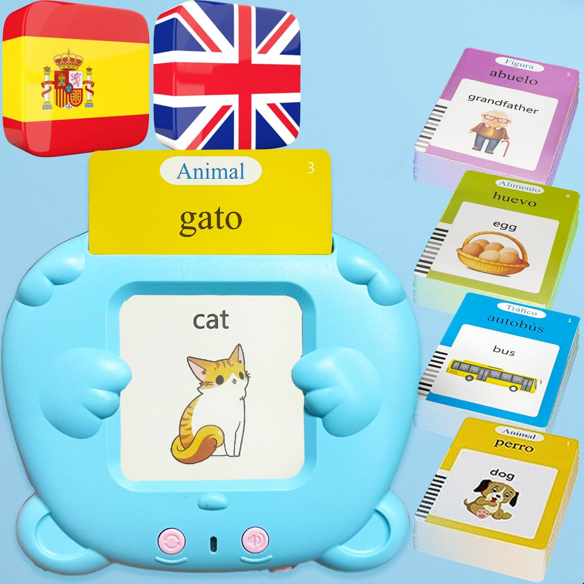 MoLingvora Bilingual Talking Flash Cards for Kids - Español Spanish English Flashcards Children Adults, 510 Sight Words, ABC Alphabet, Pocket Speech for Toddlers, Audible Sensory Toys (Spanish, Blue)