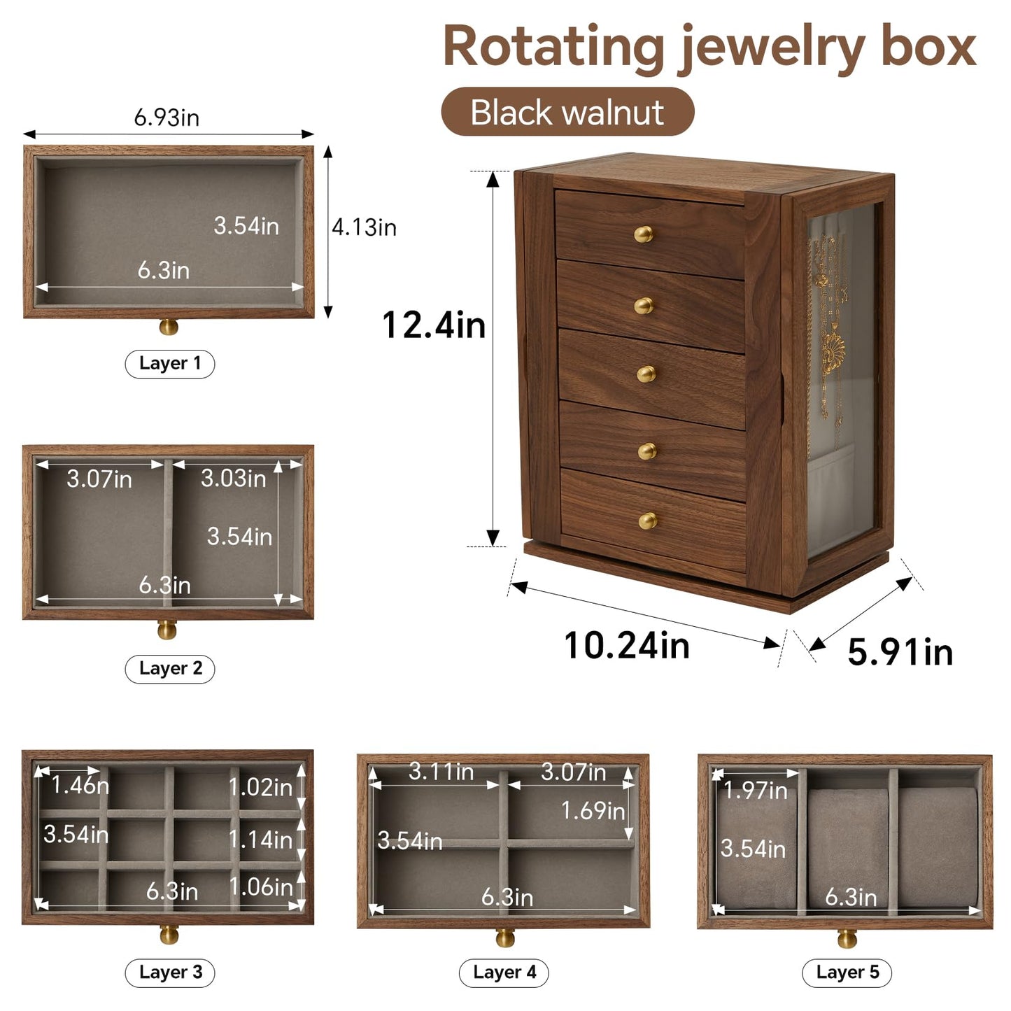 THFLSTR Wooden Jewelry Box for Women, 360 Rotating Design,Large Jewelry Organizer with Velvet Lining, 5 Drawers, Transparent Glass Doors, Black Walnut Wood Grain, Jewelry Storage Organizer