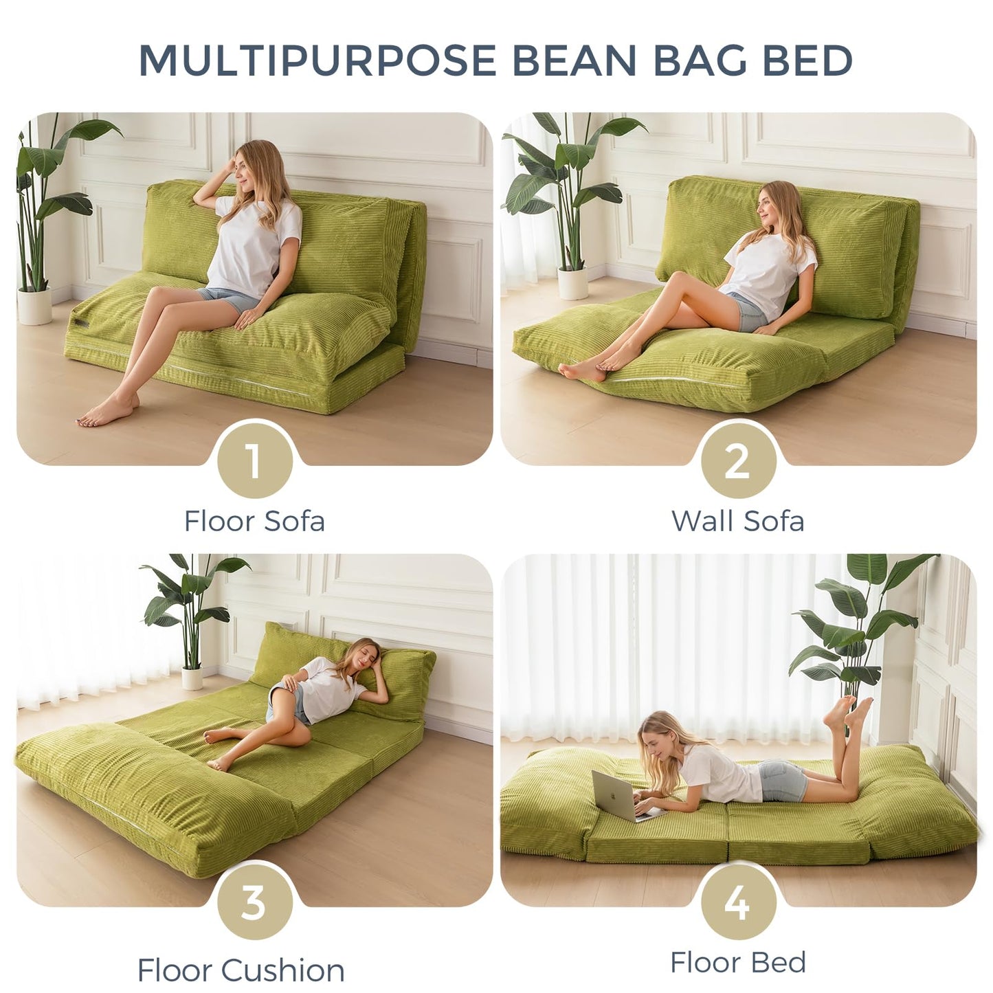 MAXYOYO Folding Sofa Bed, Extra Thick and Long Floor Sofa Convertible Chair with Washable Cover, Floor Couch Lounge Bean Bag Bed for Living Room, Green, 30x91 Inch