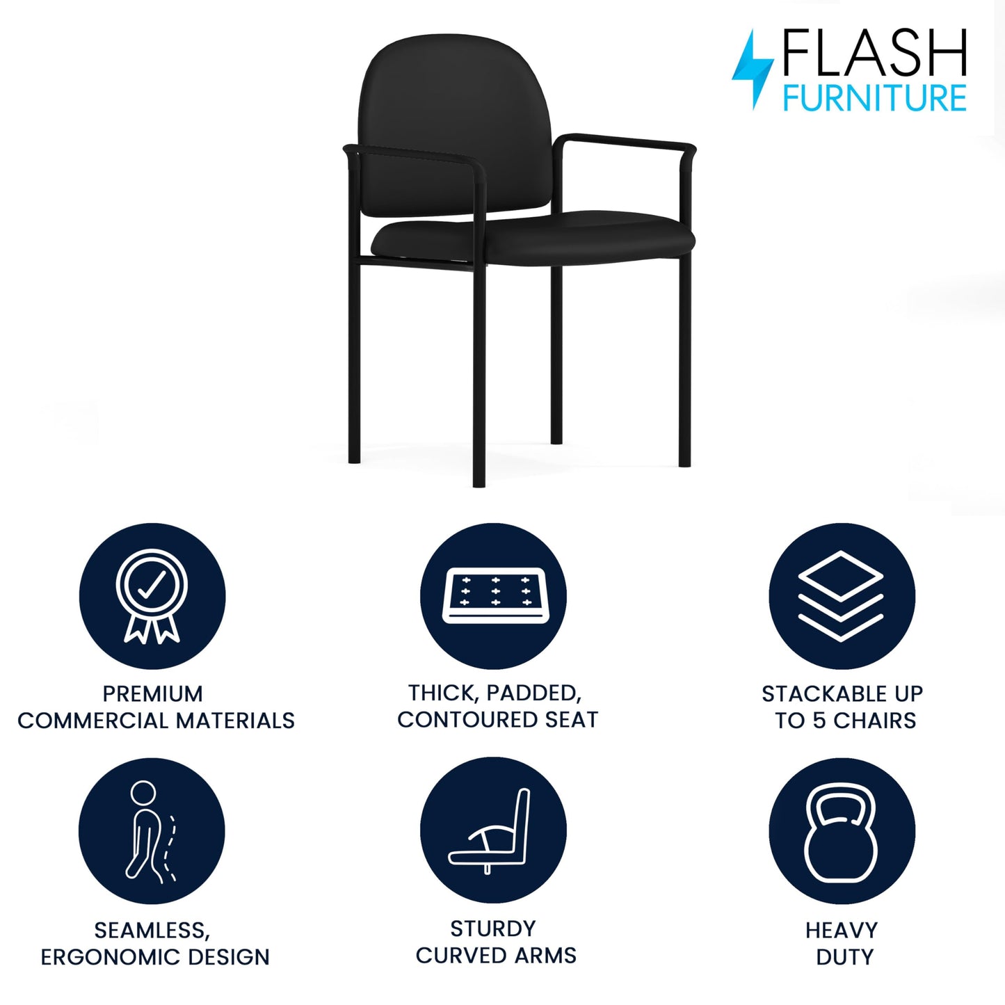 Flash Furniture Tiffany Side Reception Chair with Padded Armrests, Stackable Vinyl Waiting Room Chair for Commercial or Residential Use, Black