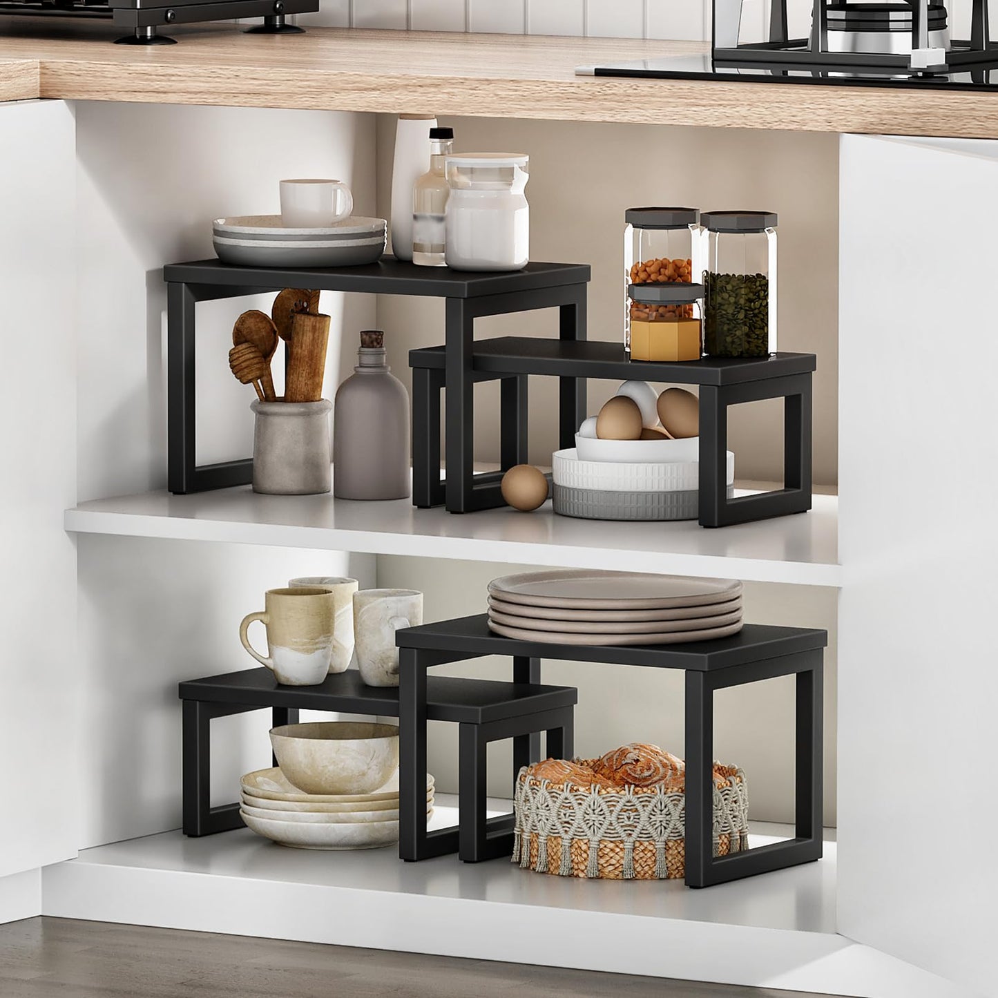 HOOBRO Cabinet Organizer Shelf, Set of 2 Kitchen Counter Shelves, Expandable Kitchen Storage, Stackable Bamboo Spice Rack, for Kitchen, Countertop, Office Desk, Living Room, Black BK20TL01