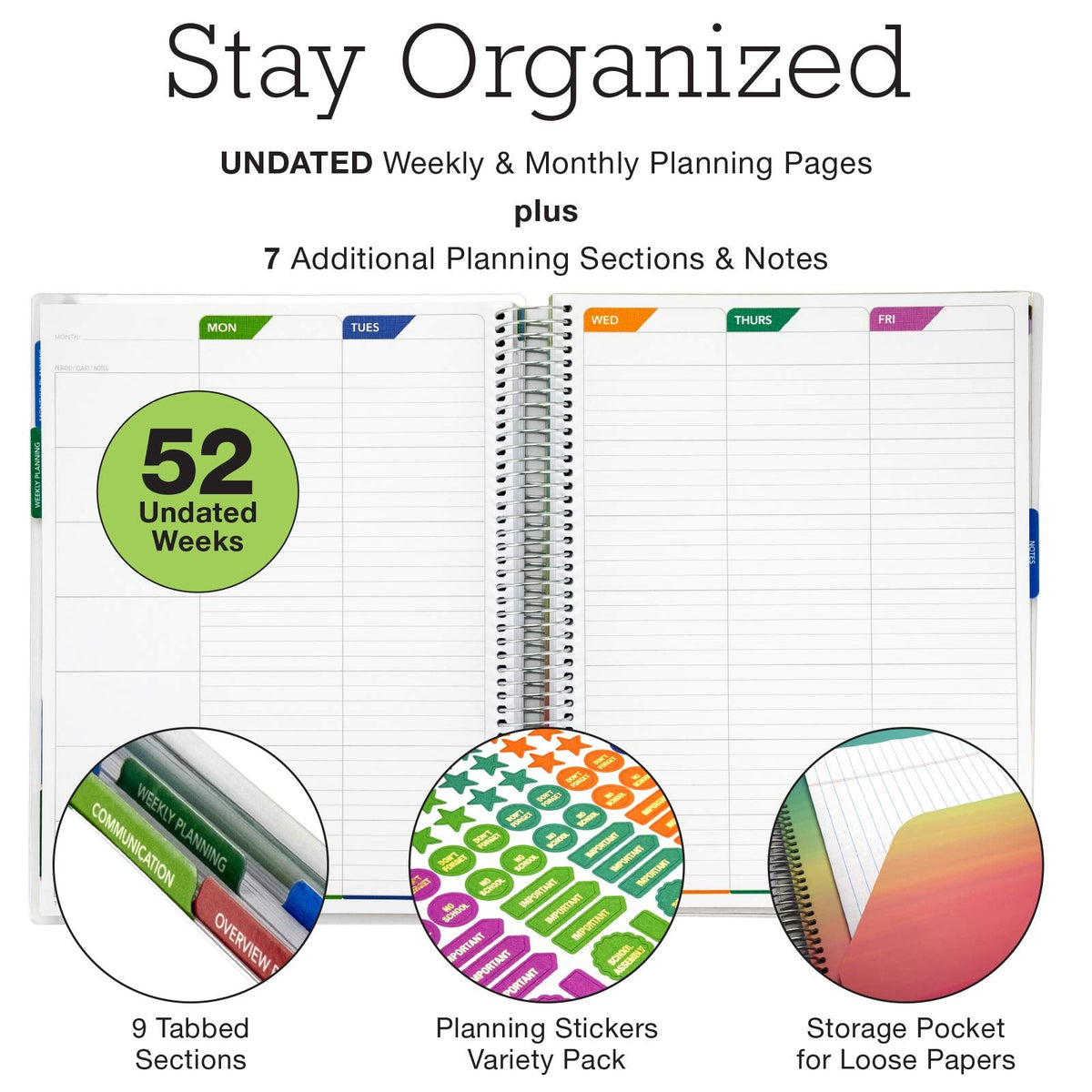 Elan Publishing Company DELUXE Undated Teacher Planner: 8.5x11 Includes 7 Periods, Page Tabs, Bookmark, Planning Stickers, Pocket Folder Daily Weekly Monthly Planner Yearly Agenda (Spring Floral)