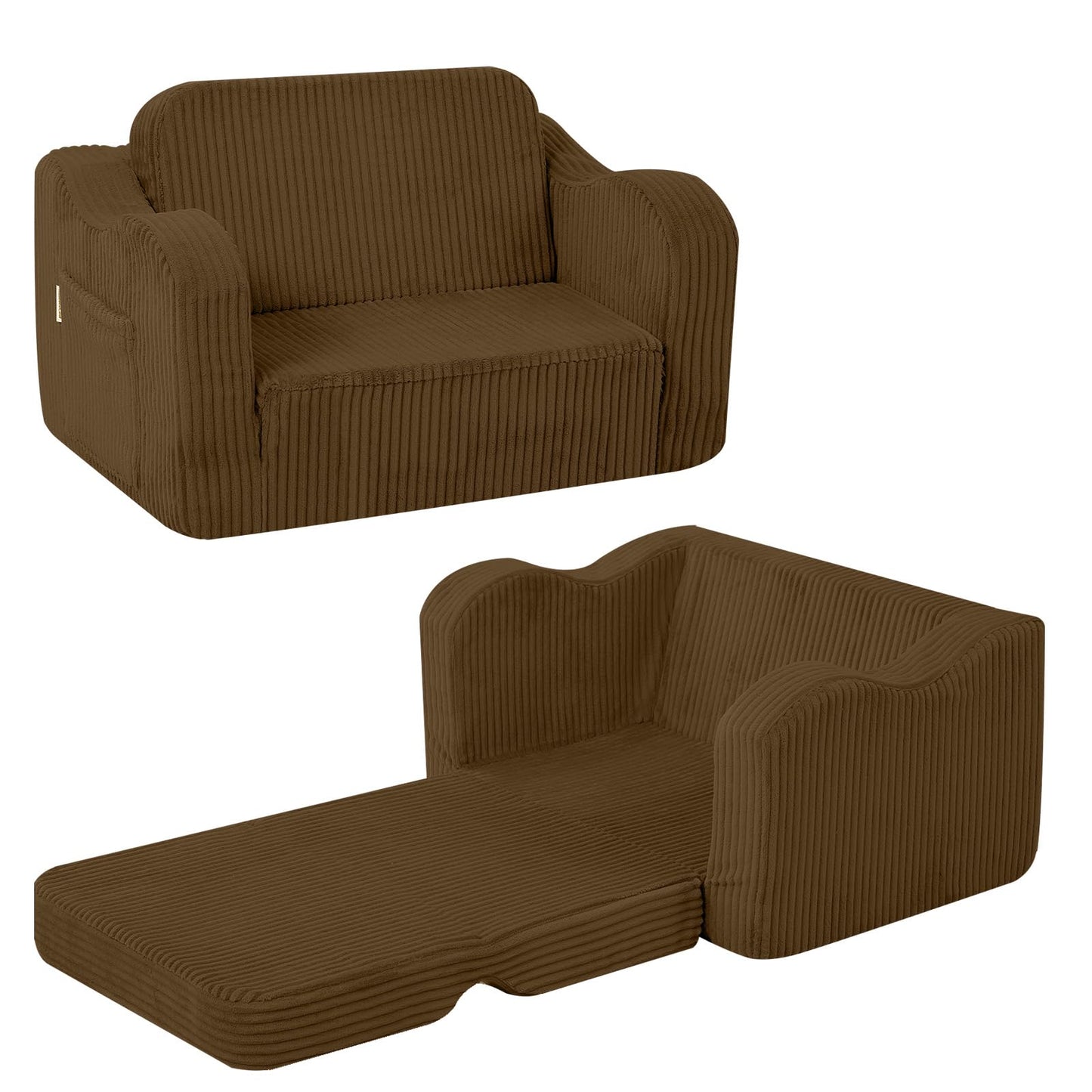 MeMoreCool Kids Couch, 2-in-1 Corduroy Kids Couch Fold Out to Recliner, Comfy Kids Chair for Ages 3+, Cushioned Foam Kids Sofa with Washable Cover for Playroom and Bedroom, Brown