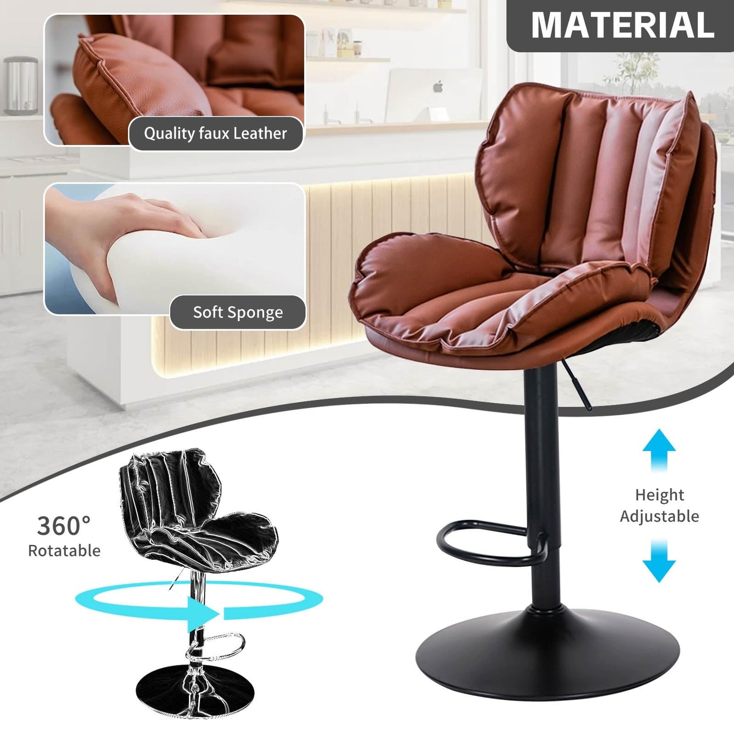 High Top Chairs Swivel Stool with Back Adjustable Height Padded Commercial Tall 23.6-31.5 Inches Airlift for Kitchen Island Dining Office, 1pc.(Brown)