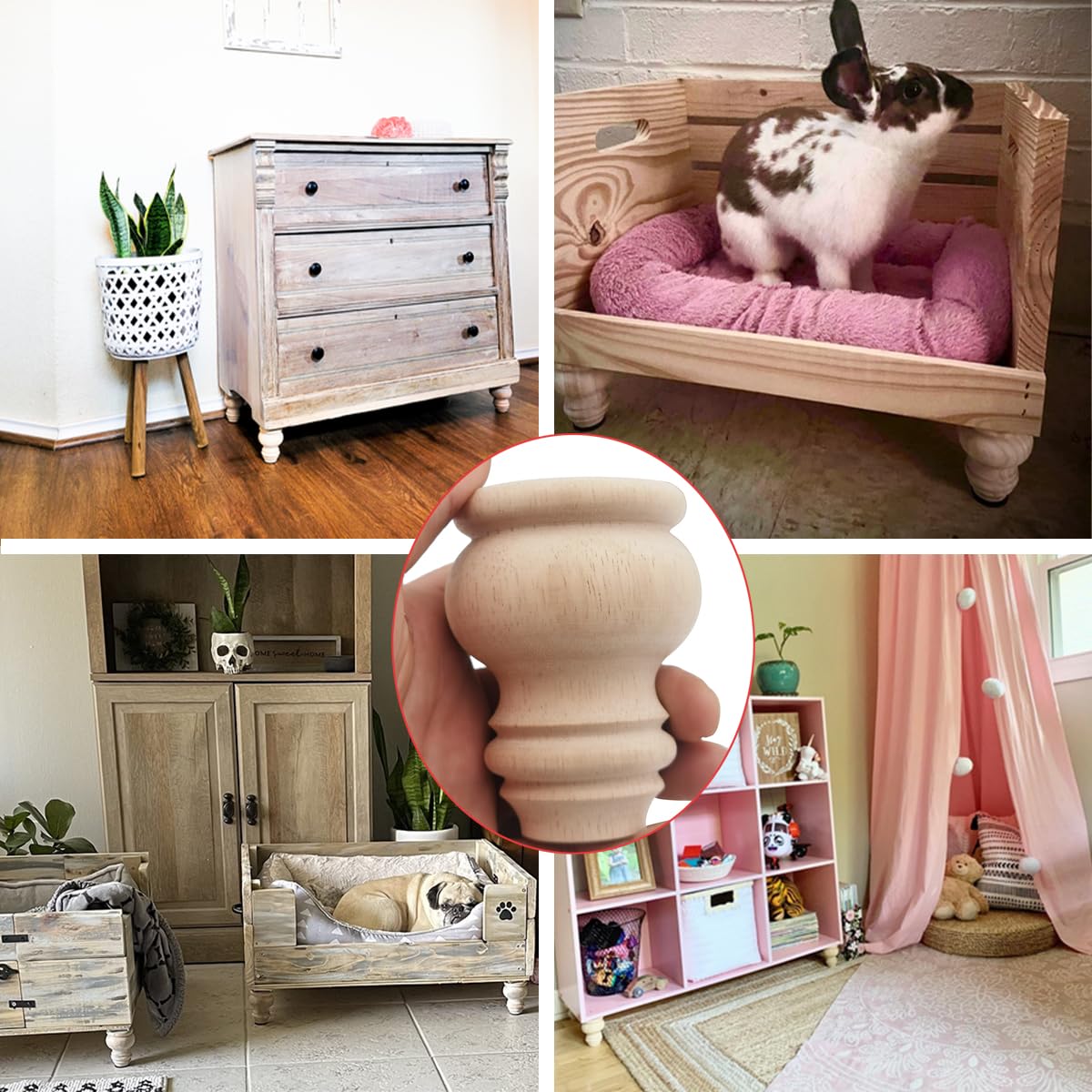 Btibpse 3" Tall Solid Wood Furniture Legs Unfinished Bun Feet for Cabinet Sofa Ottoman TV Stand Loveseat Dresser Set of 4