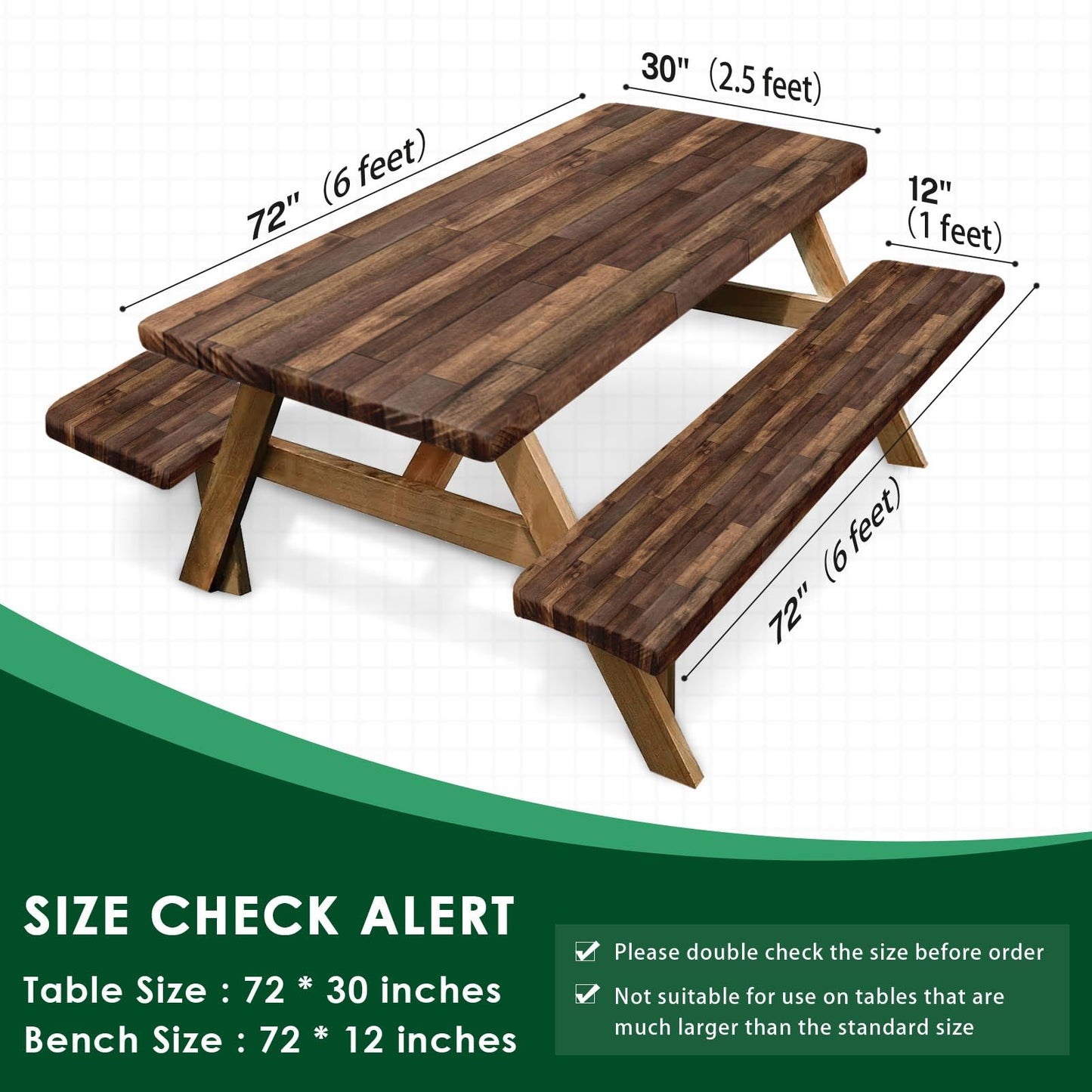 Britown Picnic Table Cover with Bench Covers Elastic Edges, Brown Wood Fitted Table Cover, Outdoor Patio Camping Essentials 72 Inch 3PCS, Waterproof Camping Fitted Tablecloth with Drawstring Bag