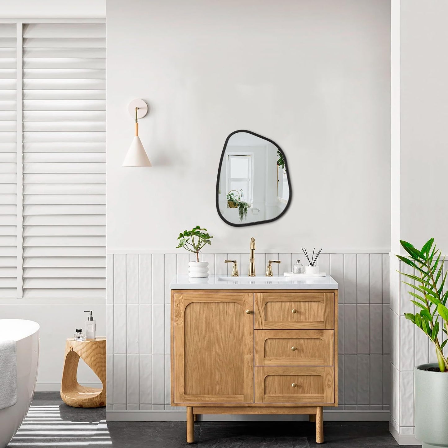 HLFMVWE Irregular Wall Mirror Asymmetrical White Mirror Modern Wood Frame Unique Shape Wall Mounted Vanity Artistic Mirror Decor for Living Room Bedroom Bathroom Entryway Hallway 14"x10"