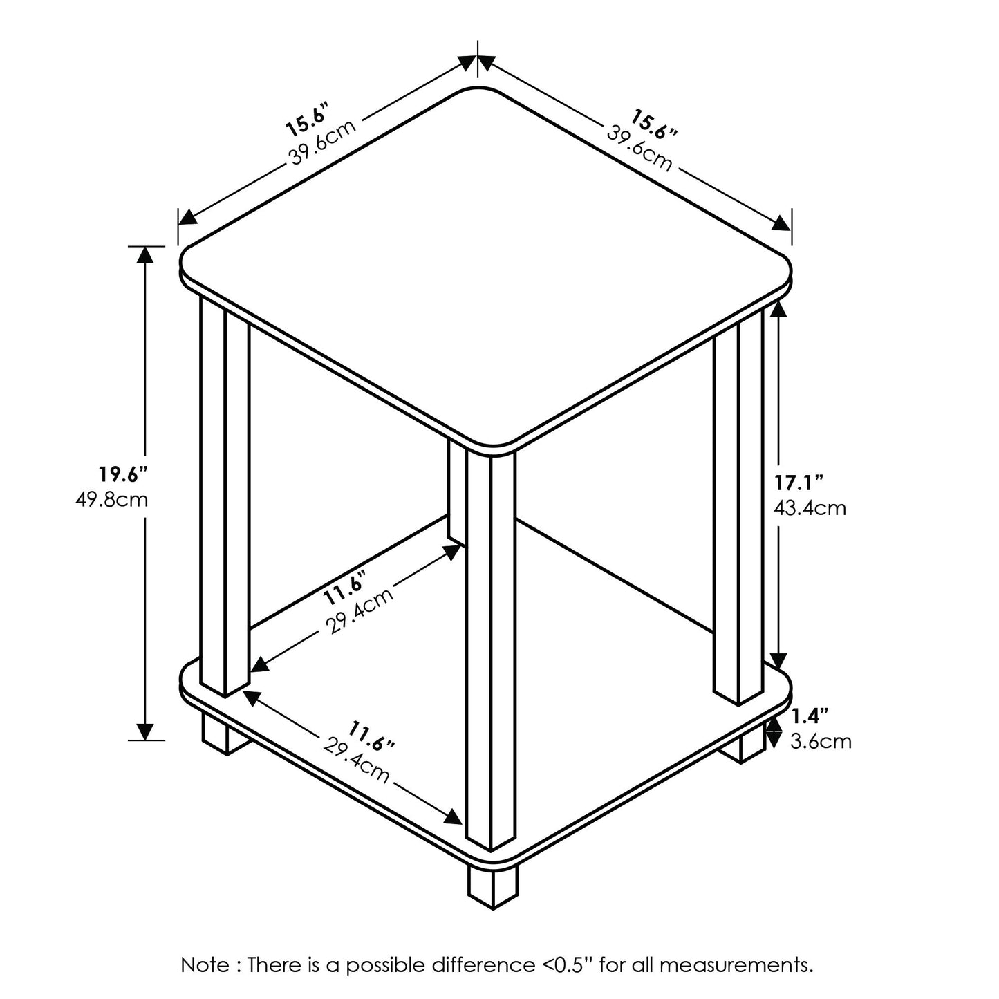Furinno SIMPLISTIC Side Table Set of 2, 2-Tier Square Modern End Table, Nightstand, Night Stand, Bedside Table, Toolless Assembly, for Living Room, Bedroom, Americano