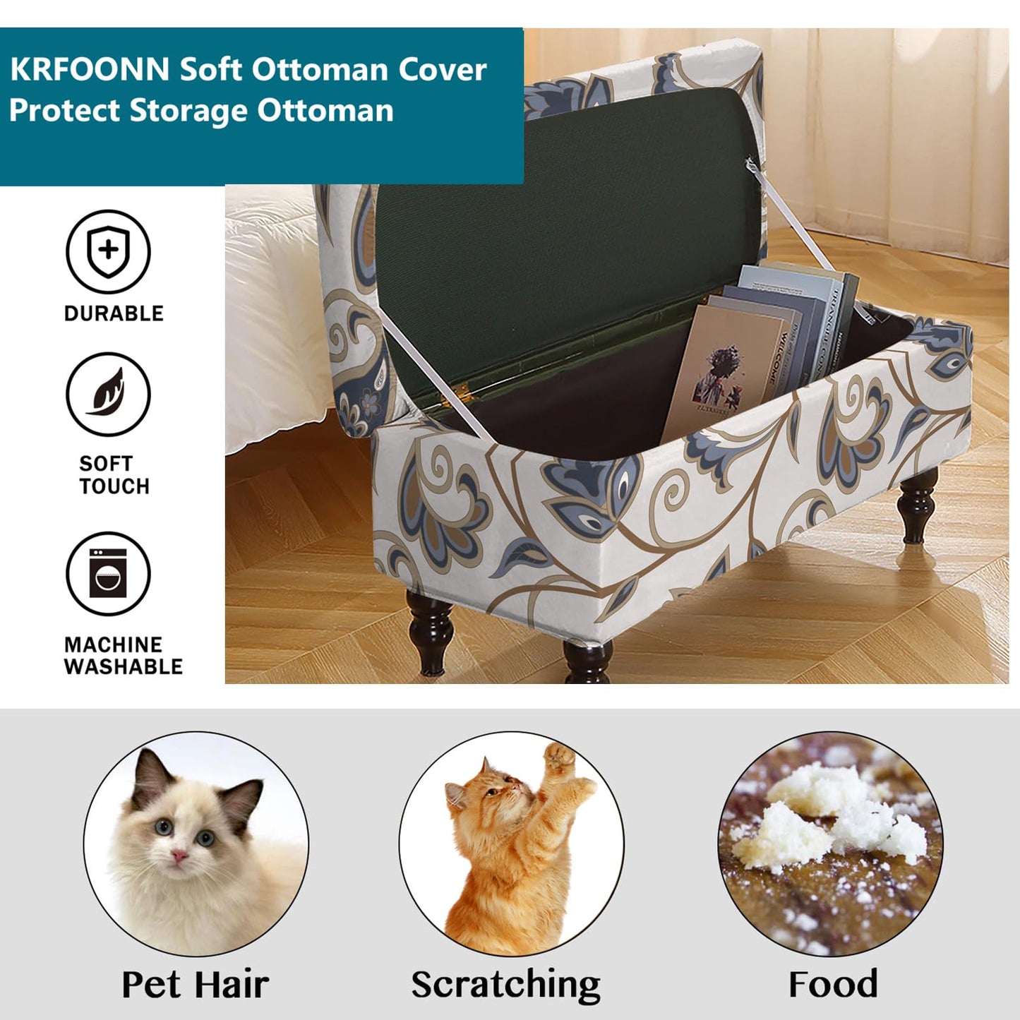 KRFOONN Rectangle Ottoman Covers Stretch Folding Storage Ottoman Bench Cover Printed Storage Footstool Covers Footrest Stool Slipcover Furniture Protector for Living Room Bedroom Bench (Small, 08)