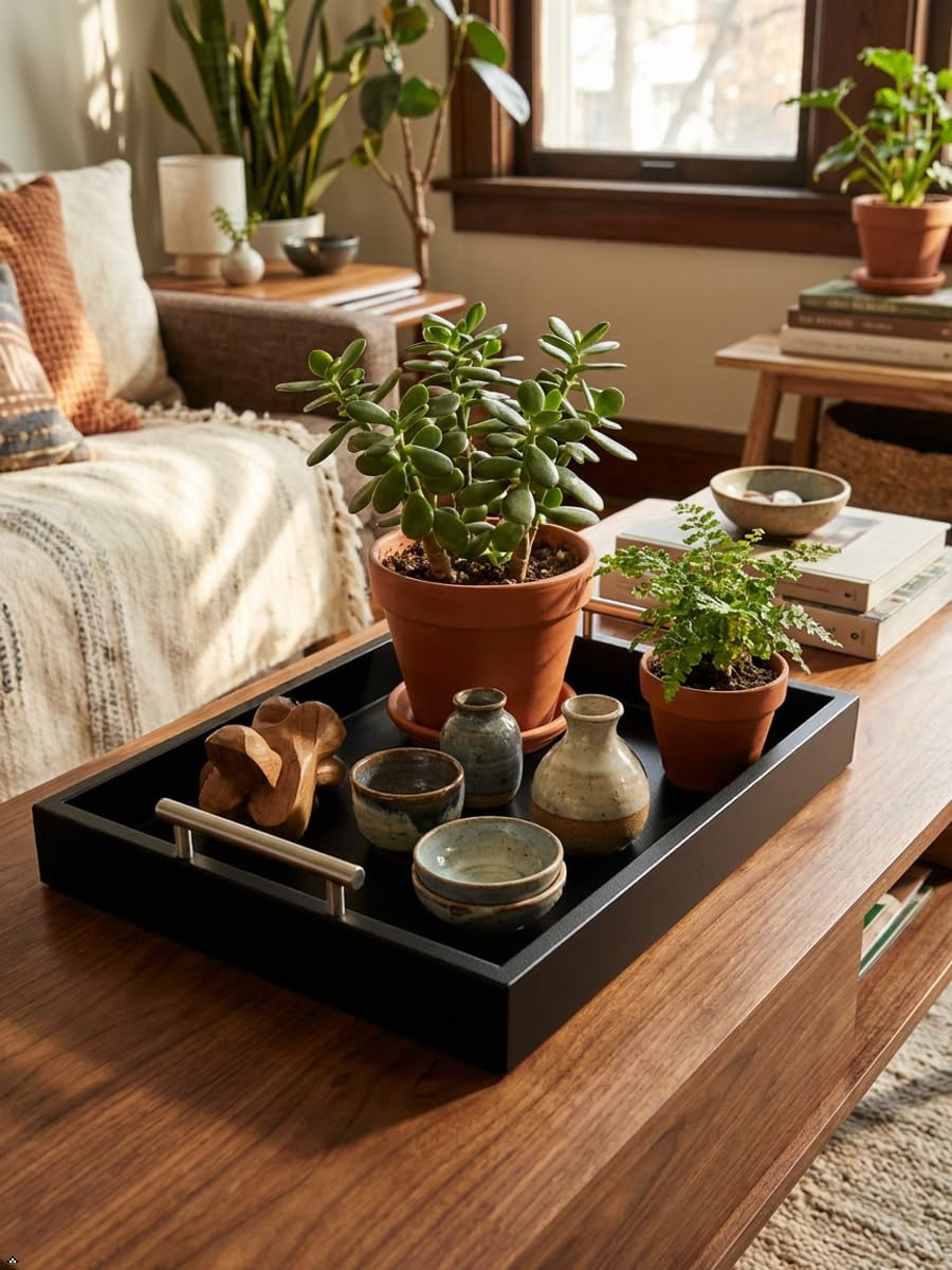 Juleduo Serving Tray 16.5“X 13“Deluxe Wooden Ottoman Tray for Coffee Table with Polished Silver Metal Handles and 4 Coasters, Living Room Bathroom Coffee Bar Organizer Modern Decorative Black