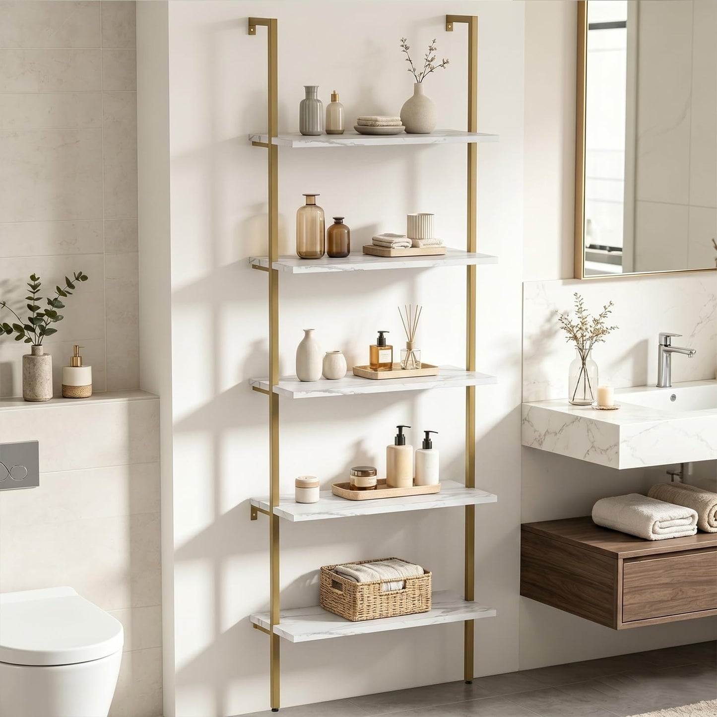 aboxoo Ladder Shelf White Marble Bookshelf 5-Tier Wall-Mounted Wood Rack Industrial Modern Plant Flower Stand Utility Organizer Open Bookcase Metal Frame Furniture Office Kitchen Bedroom