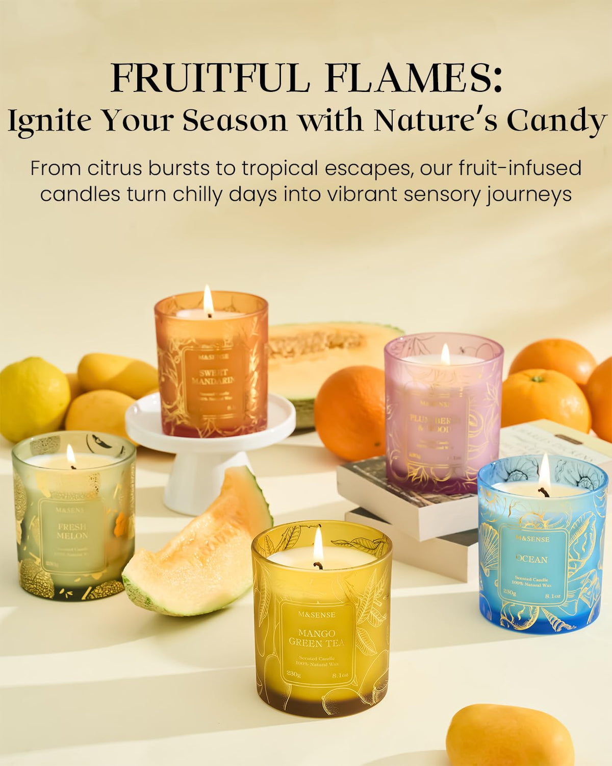 M&SENSE Fresh Melon Scented Vegan Soy Candles, 8.1oz Non Toxic Summer Aromatherapy Candle for Home Decor, 42-Hour Burn Time, Fresh Smelling Good Scented Candle for Bathroom Decor