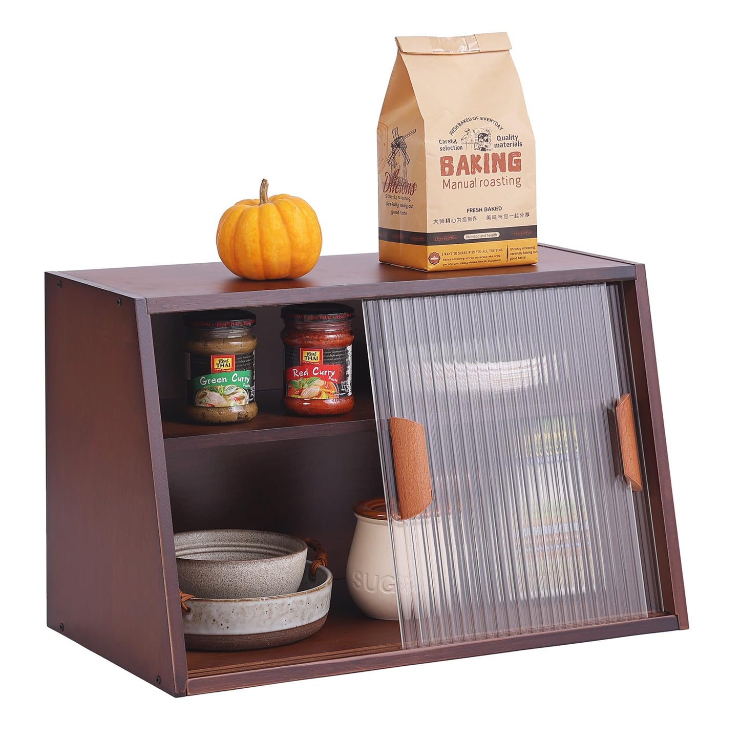 Tiita Small Kitchen Pantry Cabinet, Bamboo Sideboard with Glass Doors, Cupboard Food Pantry Cabinet for Kitchen, Living Room and Dinning Bedroom