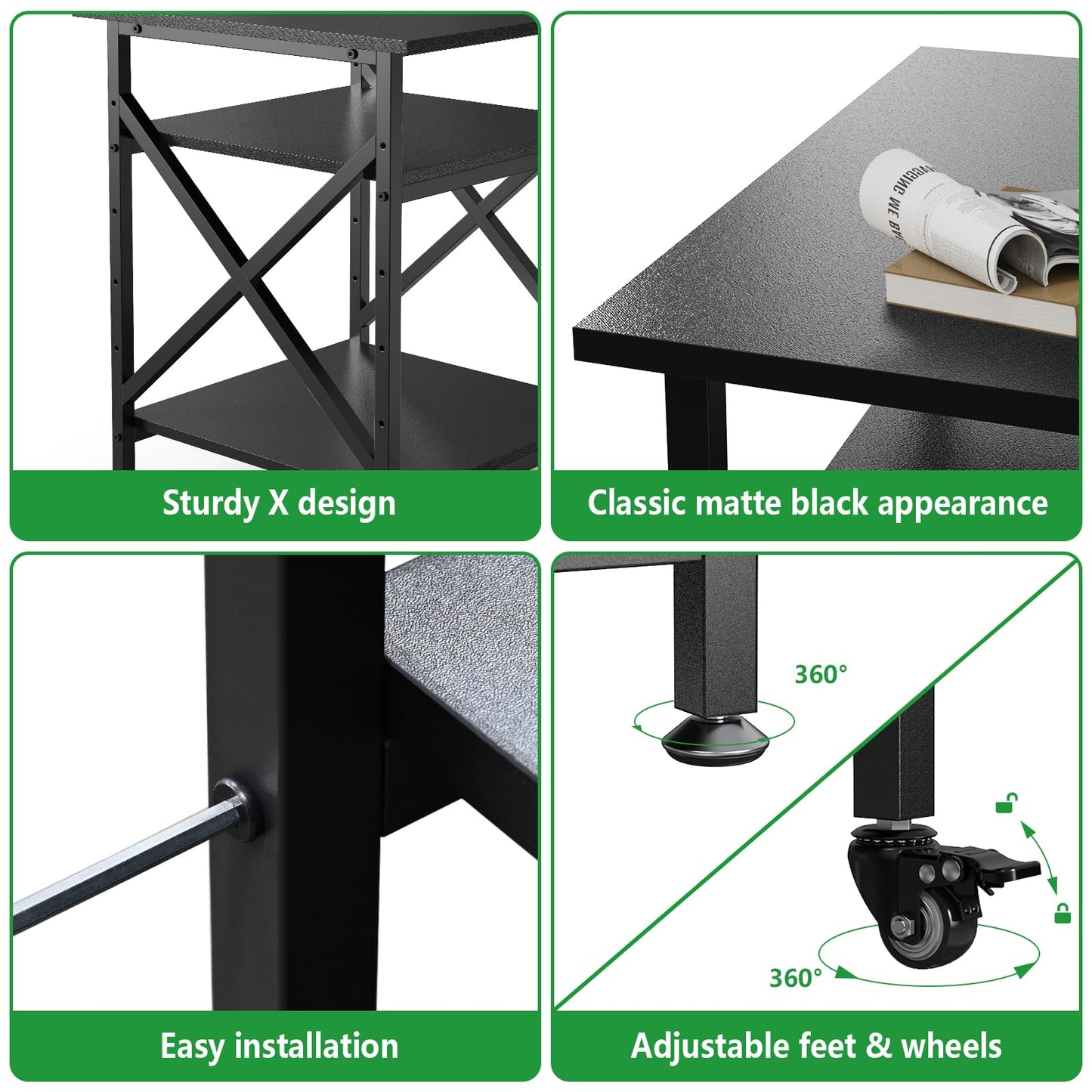 Ollieroo 3 Tier Printer Stand, Large Table with Wheels, Rolling Cart with Height Adjustable Middle Storage Shelf, 23.6 x 23.6 x 30.3 Inches Shelf for Home Office, Black