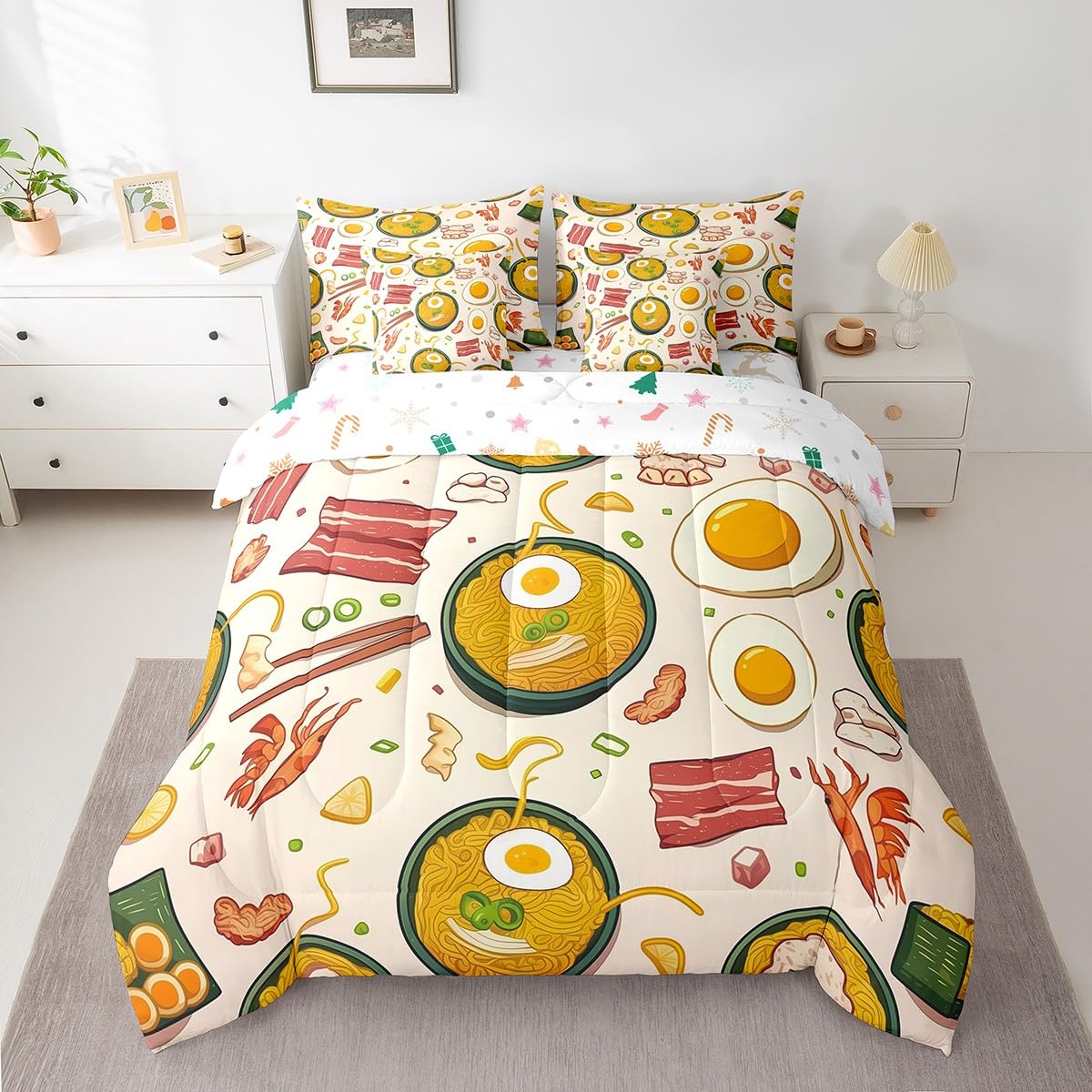Erosebridal 7 Piece Ramen Noodle Bedding Set Queen,Funny Food Comforter Set Ramen Lovers Gifts for Kids Adults,Japanese Anime Bed Set with Fitted Sheet,Flat Sheet,Pillowcases,Throw Pillow Covers