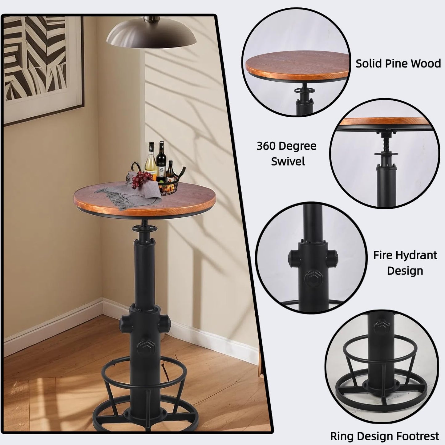 BOKKOLIK Vintage Bistro Table Height Adjustable 38.6-44.4inch Industrial Bar Table for Kitchen Dining Room Coffee House Pub Office Swivel Round Wooden Top for 2-3 People