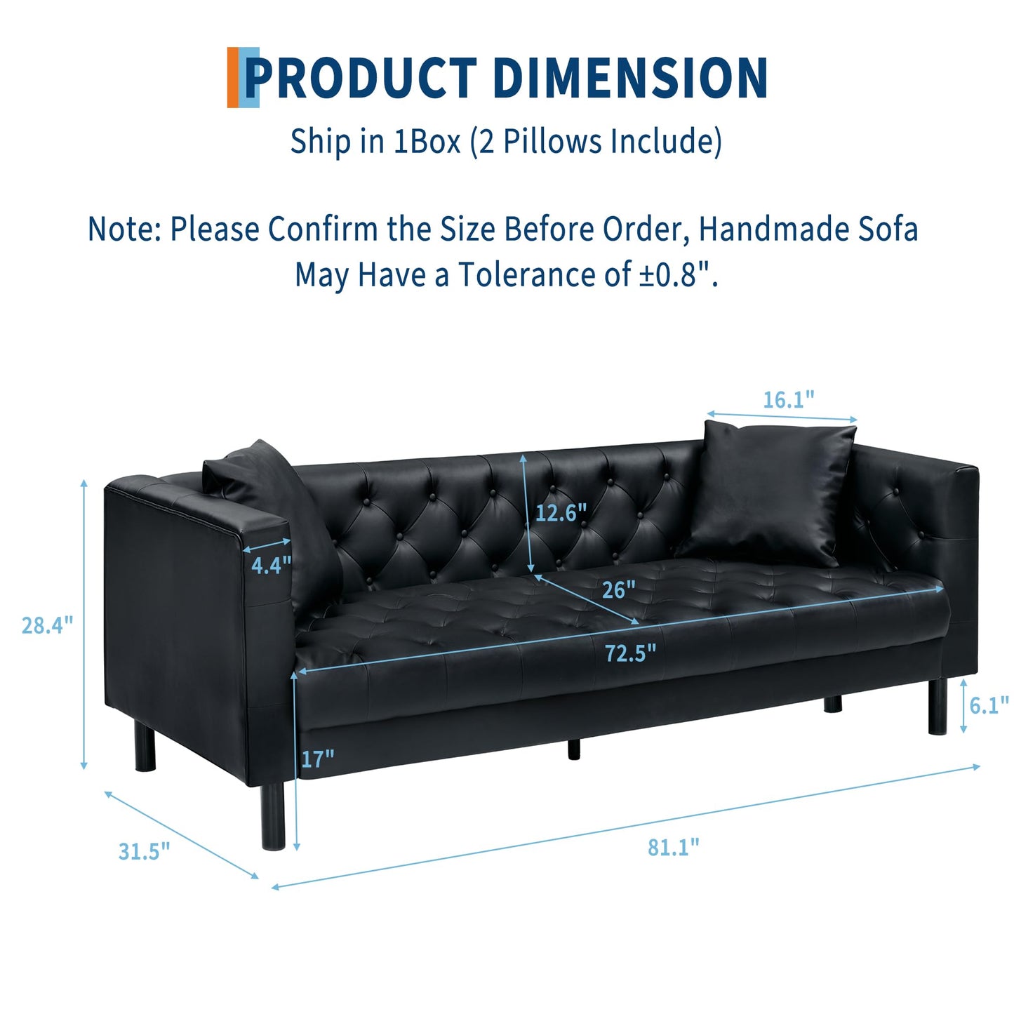 GarveeTech Modern Leather Sofa 81", Chesterfield Style 3 Seater Couch with Deep Seat, Hand-Tufted Button Quilting, Vintage Couch for Living Room, Apartment, Office