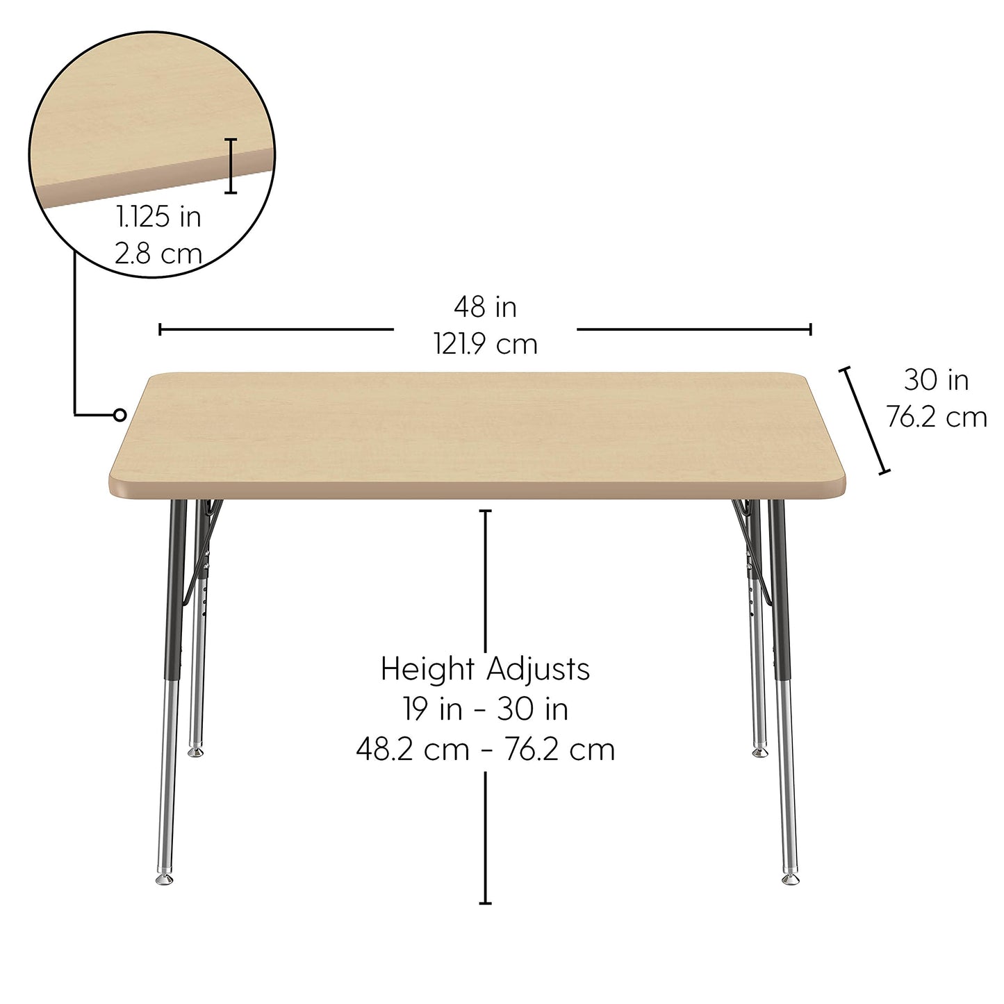 FDP La Madera Rectangle Activity Table (30 x 48 inch), Standard Legs with Swivel Glides, Adjustable Height 19-30 inches Modern Professional Woodgrain Tabletop - Light Gray Wood/Black