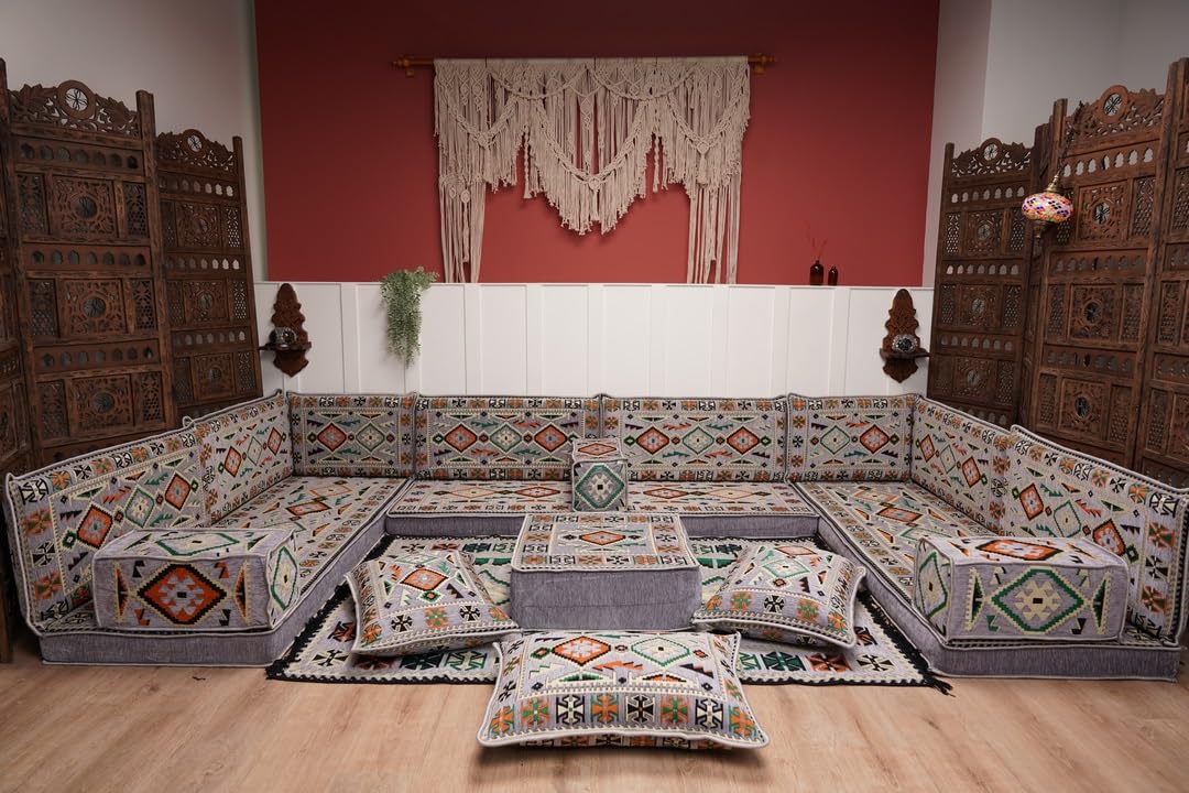 arabicsofa U Shaped Arabic Floor Seating – Handmade Majlis Set– Bohemian Style Sofa