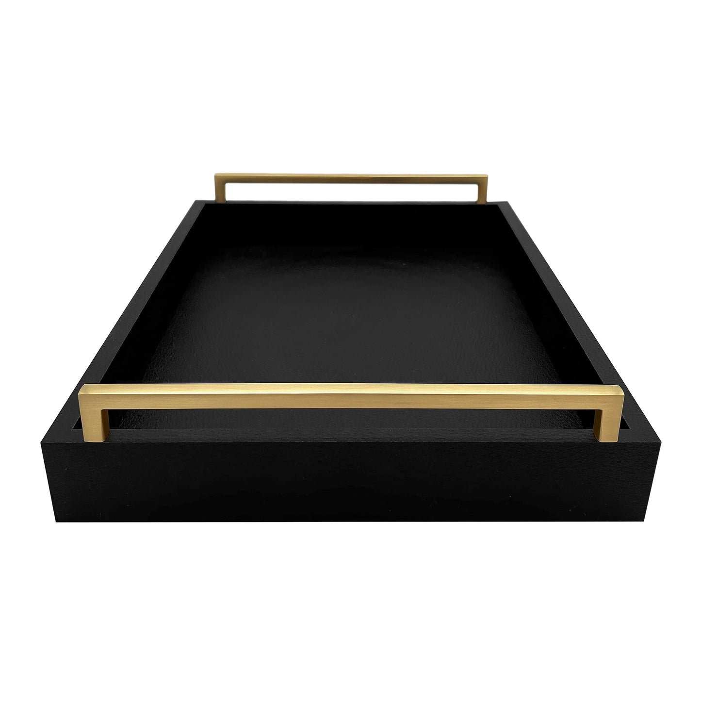 Montecito Home Decorative Coffee Table Tray - Shagreen Faux Leather - Ottoman Tray - Breakfast, Drinks, Liquor Serving Tray - Farmhouse to Modern - Brushed Champagne Gold Handles (Pitch Black)