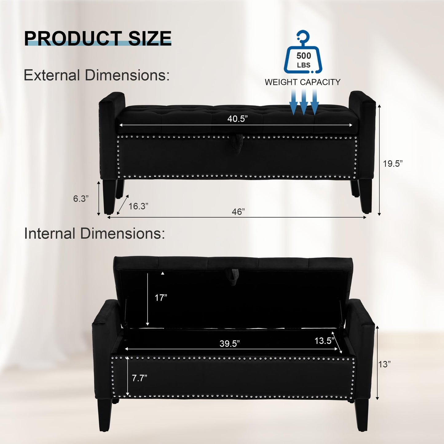 UDAX Storage Ottoman Bench, Velvet Upholstered Footstool for Bedroom and Living Room, Tufted Seat with Storage, Wooden Legs & Metal Rivets, Black