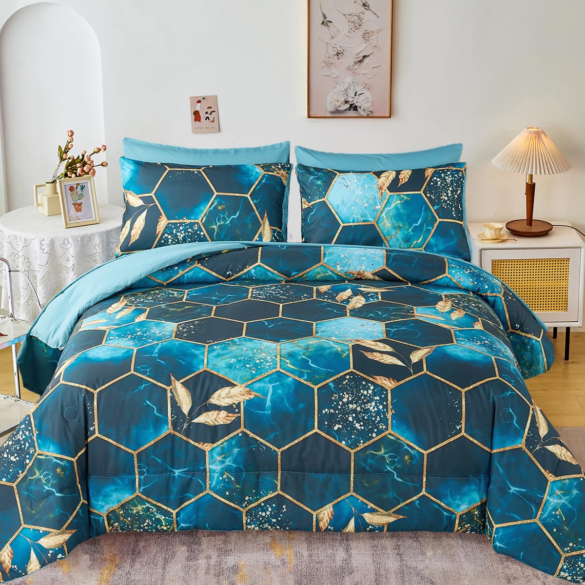 ZRNBAST Teal Bed in A Bag Queen Size 7 Pieces Geometric Bedding Set Honeycomb Queen Comforter Set with Sheets with Gold Trim Hexagon Print (Teal, Queen)