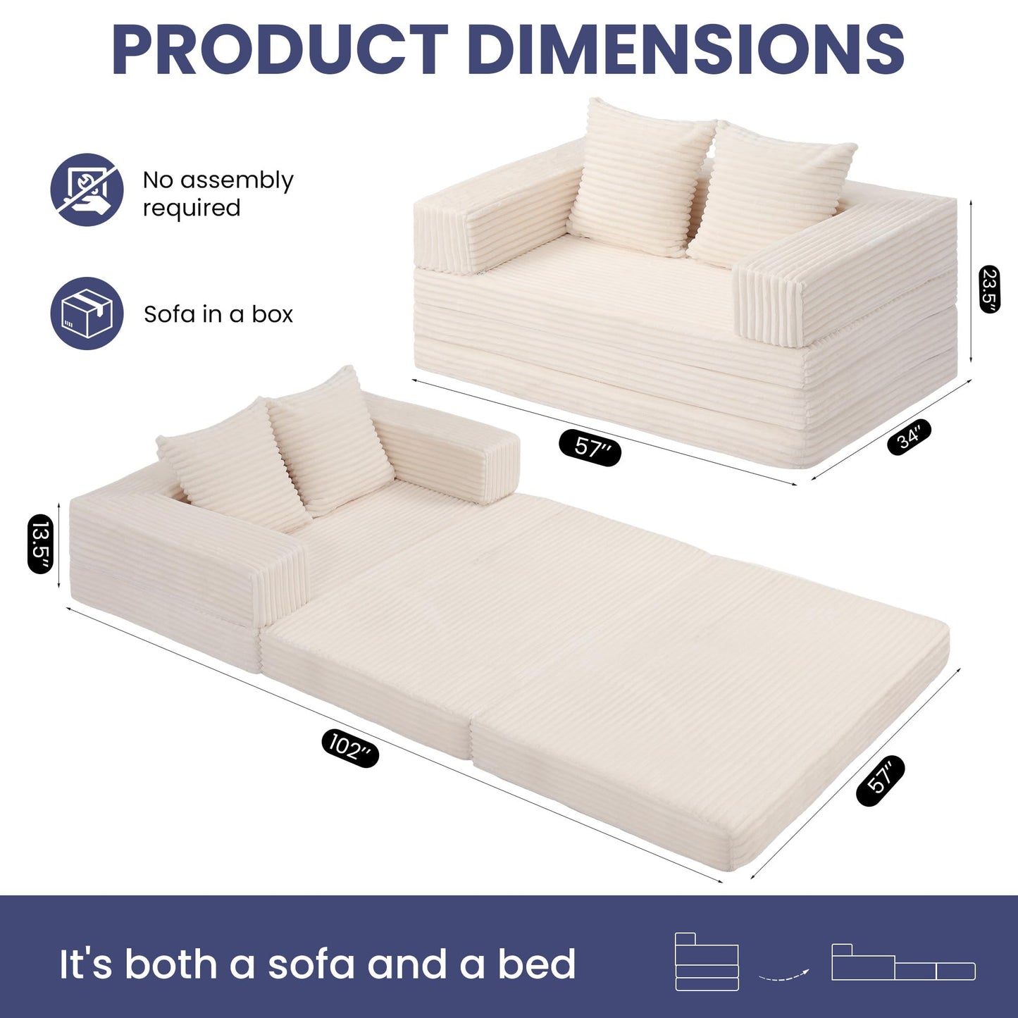 Winzoo Convertible Sofa Bed, 4-in-1 Boneless Loveseat with Removable Armrests Backrest, Corduroy Futon Couch Bed with Pillow, Foldable Mattress Sleeper Sofa for Living Room Bedroom Small Place (Beige)