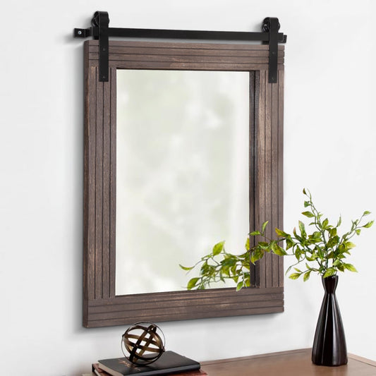 AAZZKANG Rustic Wood Mirror Rectangle Decorative Wall Mirror 26"x18" with Framed Bedroom Living Room Bathroom Hanging Mirror