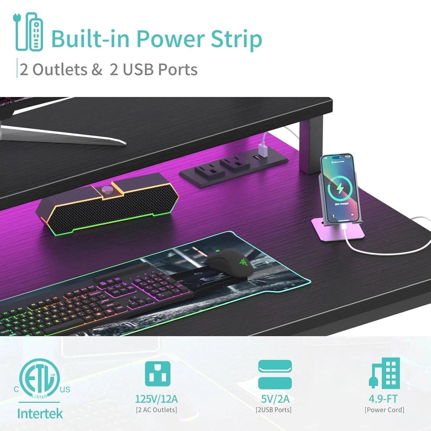 Lufeiya Small Desk with Power Outlets and LED Lights, 32 Inch Teen Writing Study Table Home Office Computer Desks with Monitor Stand, Gaming Desk with Charging Station, Black