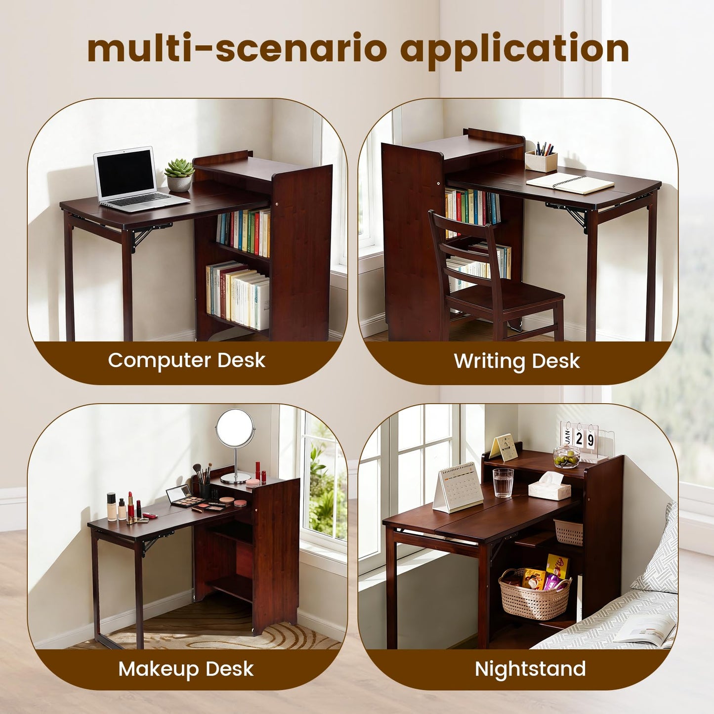 METALBEE Bamboo Folding Desk with Storage, Mid Century Fold Out Table, Space Saving Foldable Desk for Small Spaces, Multi-Functional Computer Desk for Home Office, Bedroom, Apartment & Dorm