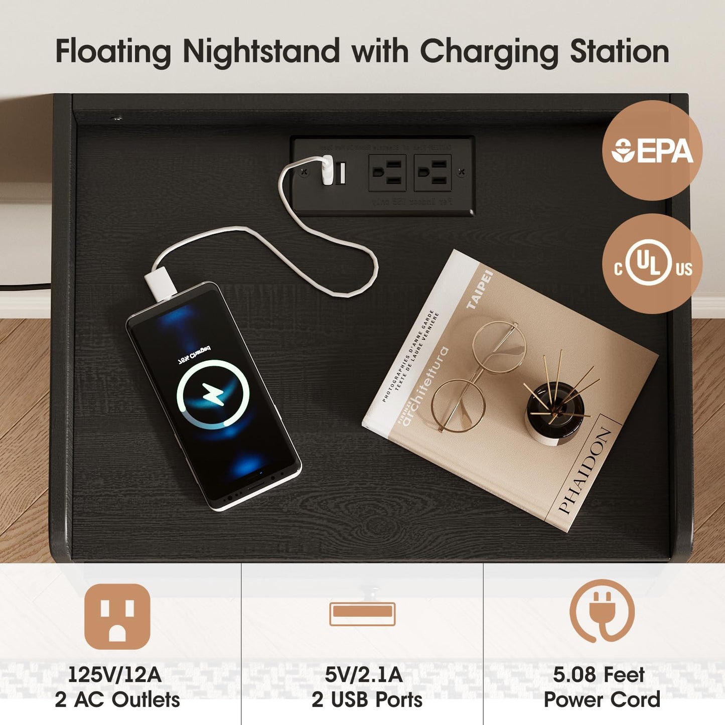 Floating Nightstand Set of 2 Modern Night Stands with Drawer and Open Shelf Cubby Small Bedside End Table with Charging Station Wall Mounted Nightstands Set 2 for Bedroom Black