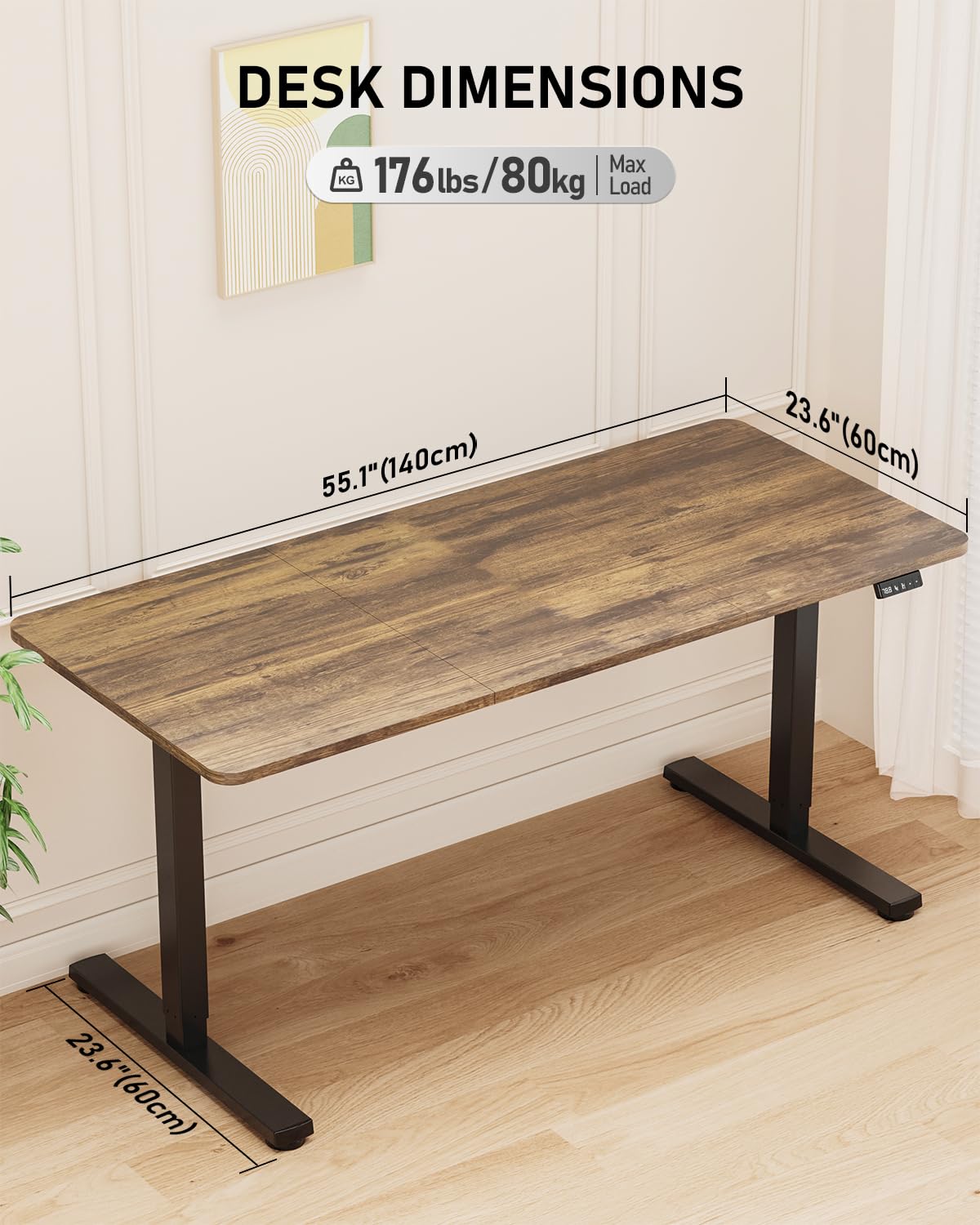 Xyndyx 55" Electric Standing Desk Adjustable Height, Sit Stand up Desk for Home Office & Computer Workstation, 2 Memory Height Settings, Splice Board, 2 Hooks, Black Frame/Rustic Brown Top