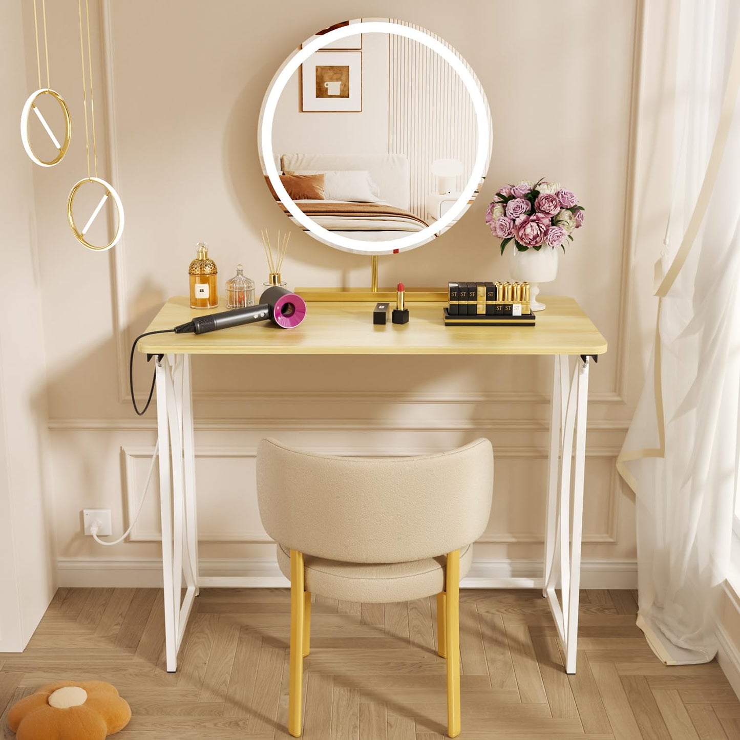 coeztt Mini Desk, 31.5" Small Desk for Bedroom with Power Outlet, Foldable Desks for Small Spaces & Home Office, Easy Assembly, Beige Floor Patten