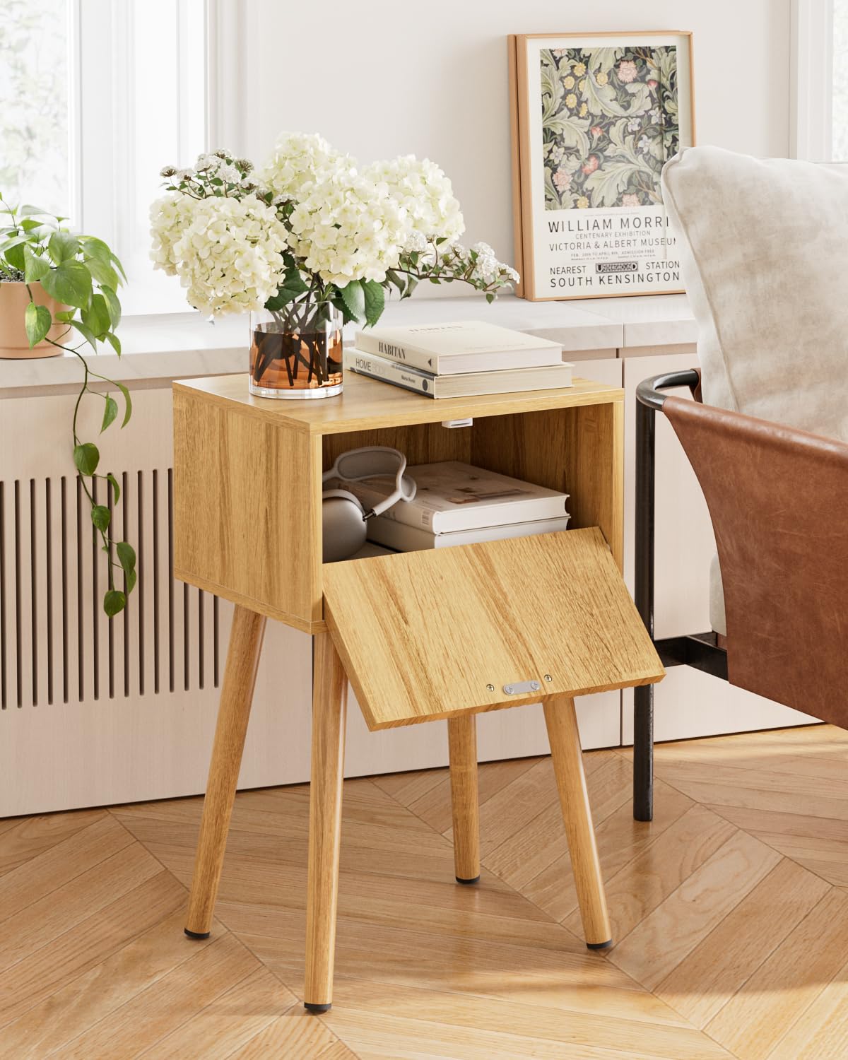 ASACESCU Night Stand, Oak Nightstand with Fluted Door, Small Modern Mid-Century Bedside Table for Bedroom, End Table for Living Room