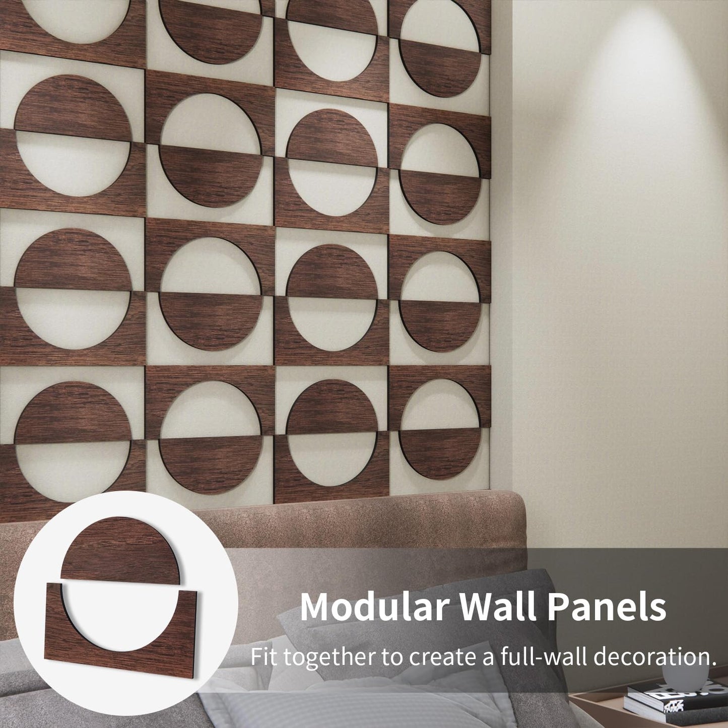 MidModArt 12PCS PVC Modular Decorative Fretwork Wall Panels for Living Room Lobby Bedroom, Half Circle-Walnut Faux Walnut Wood Texture