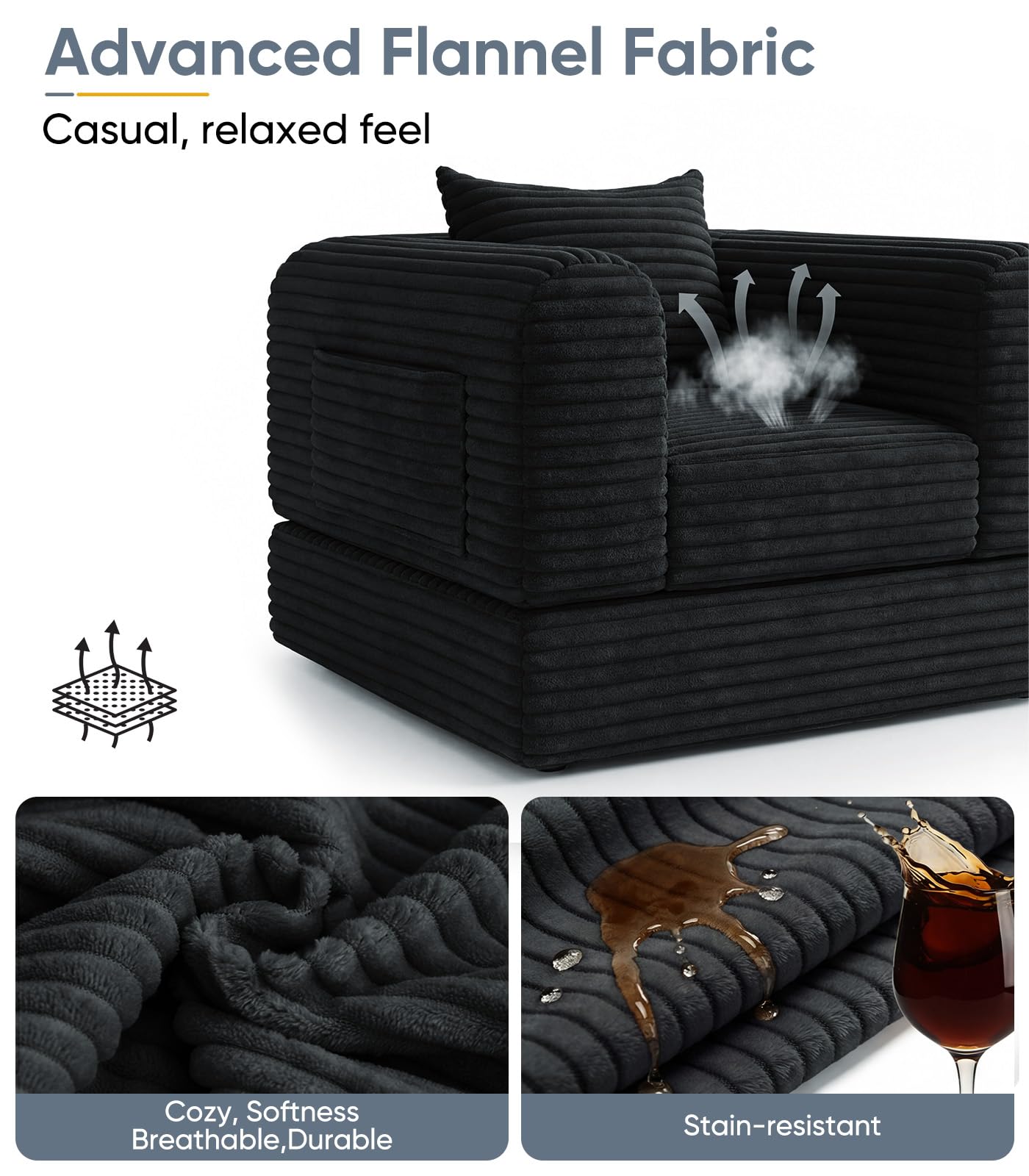 Versatile 2 in 1 Boneless Armchair Chaise Lounge Chair Indoor, Convertible Sleeper Chairs Couch Folding Sofa Bed Oversized Comfy Futon Floor Sofa BeanBag for Reading Nook Living Room Bedroom