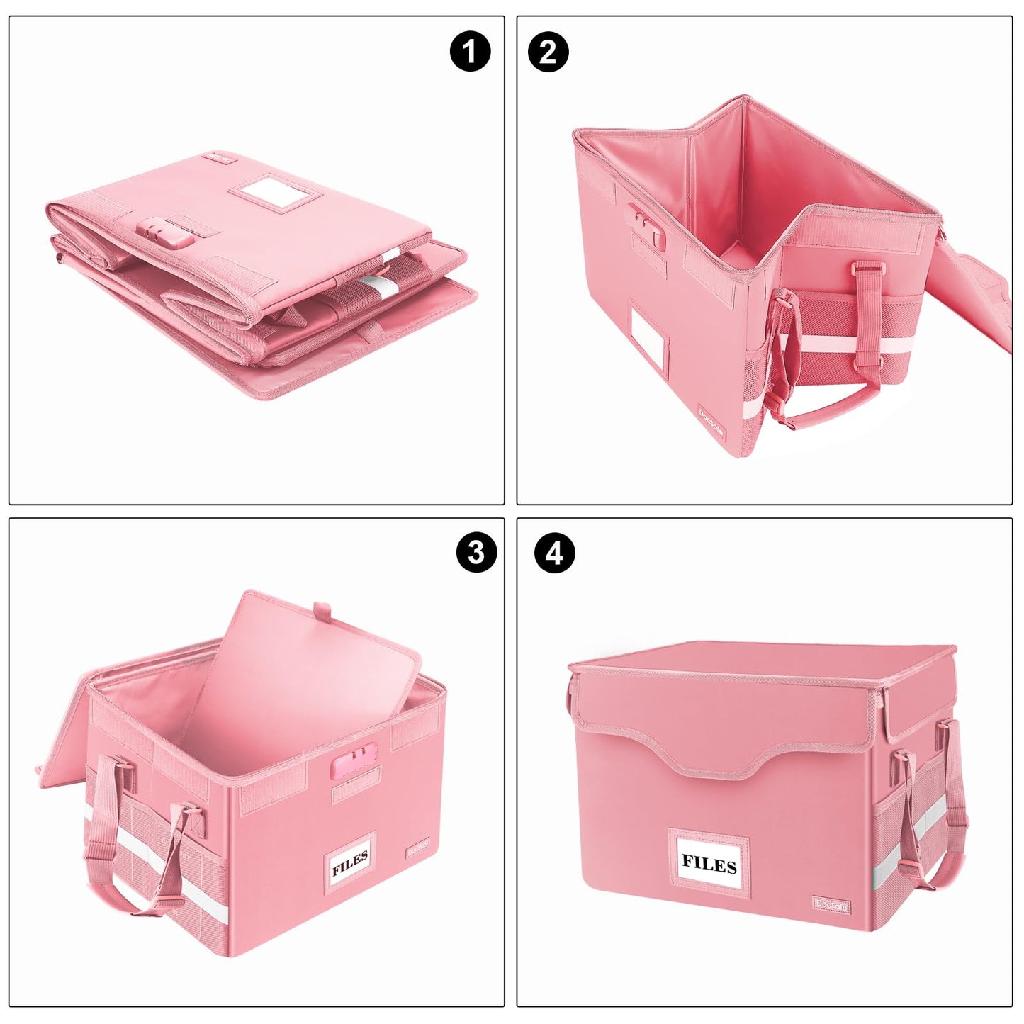 DocSafe Fireproof Document Box with Lock,File Storage Organizer with Zipper Pockets,Collapsible Portable File Box Home Office Safe Filing Cabinet with Handle for Hanging Letter/Legal Folder,Pink