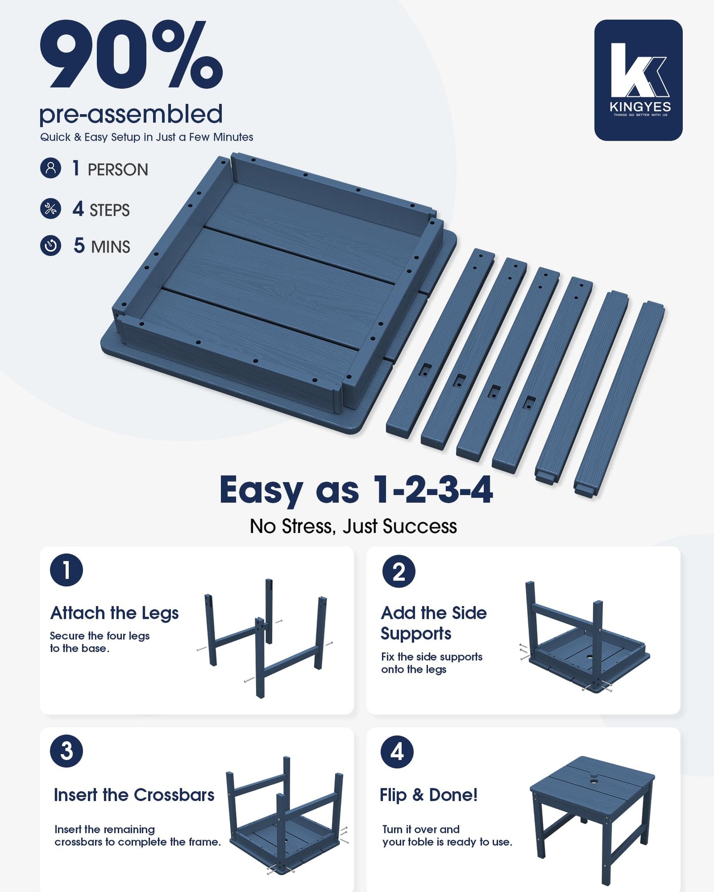 KINGYES Double Side Table with 1.6'' Umbrella Hole, HDPE Adirondack End Table- Blue