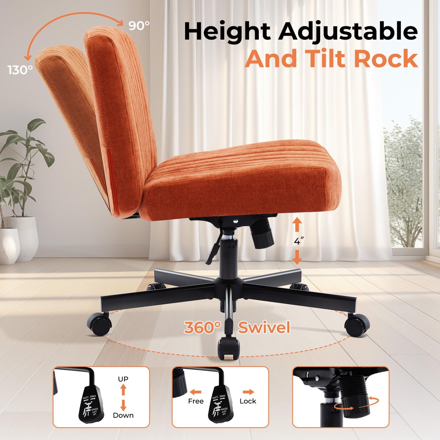 shipborne Convertible Base Criss Cross Chair with Pocket Springs & Thicker and Wider Cushions, Armless Legged Office Chair Relieves Back Pain, Swivel Vanity Chair for Living Room/Office, Orange